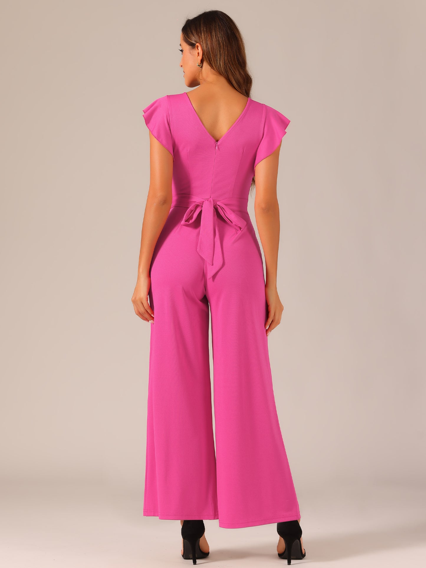 Women's Sleeveless Ruffle Jumpsuits High Waist Wide Legs Belted Elegant Office Romper