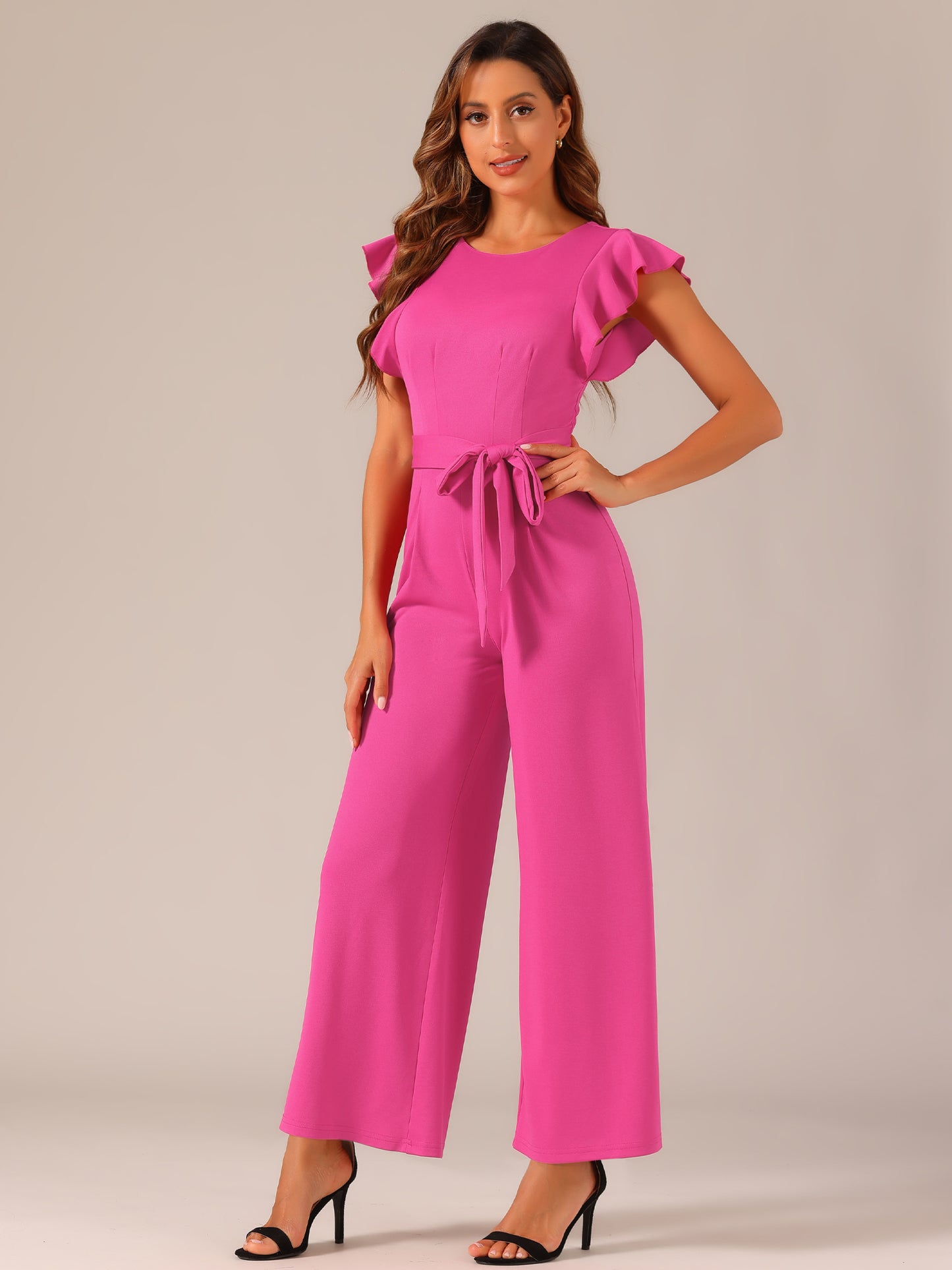 Women's Sleeveless Ruffle Jumpsuits High Waist Wide Legs Belted Elegant Office Romper