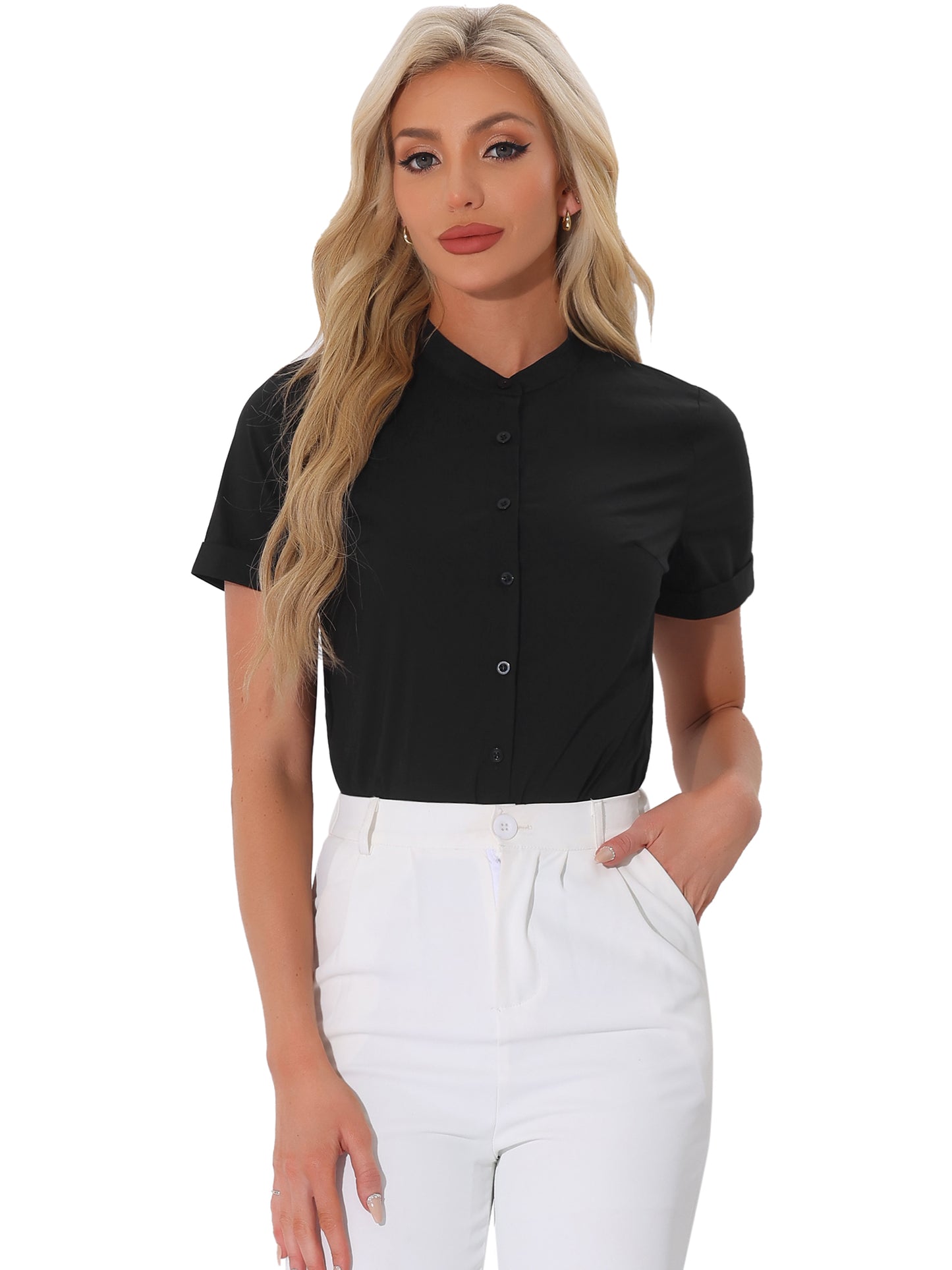 Women's Mock Neck Short Sleeve Button Down Work Shirt Bodysuit Top