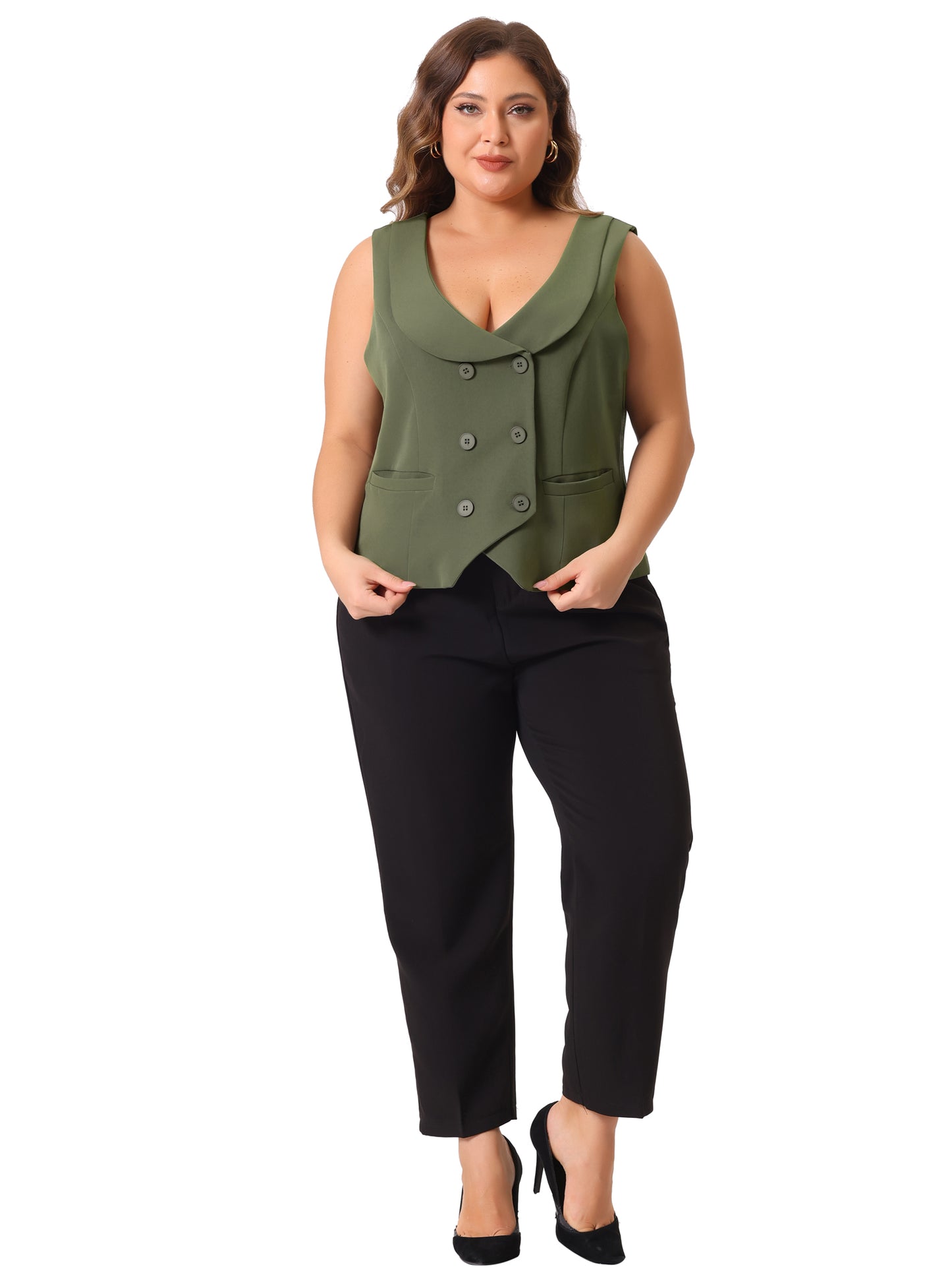Women Plus Size Suit Vest Double Breasted Vintage Lapel Collar Dressy Waistcoat Vest with 2 Pockets