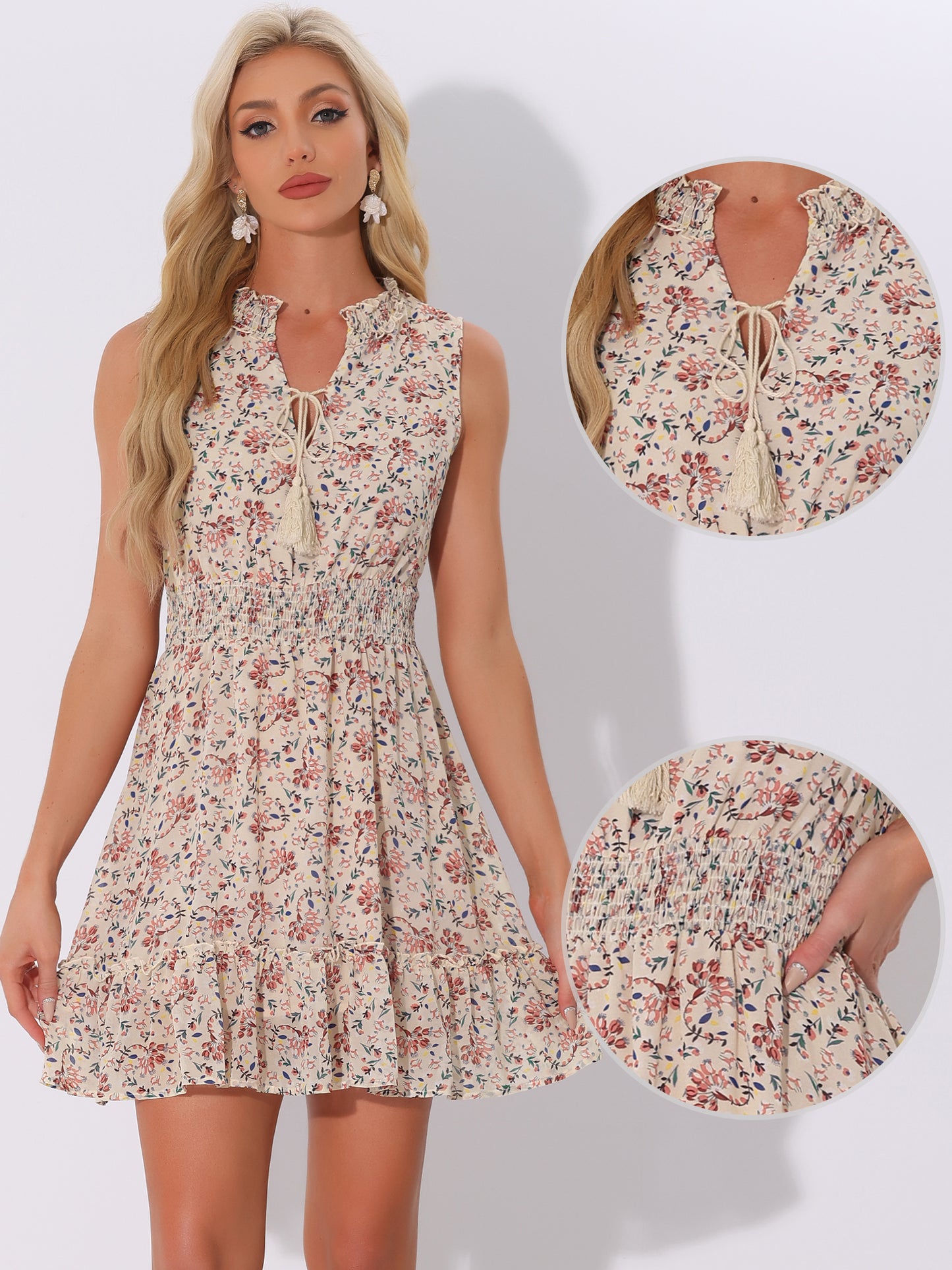 Women's Floral Dresses Sleeveless V Neck Sleeveless Smocked Waist Ruffle Mini Dress