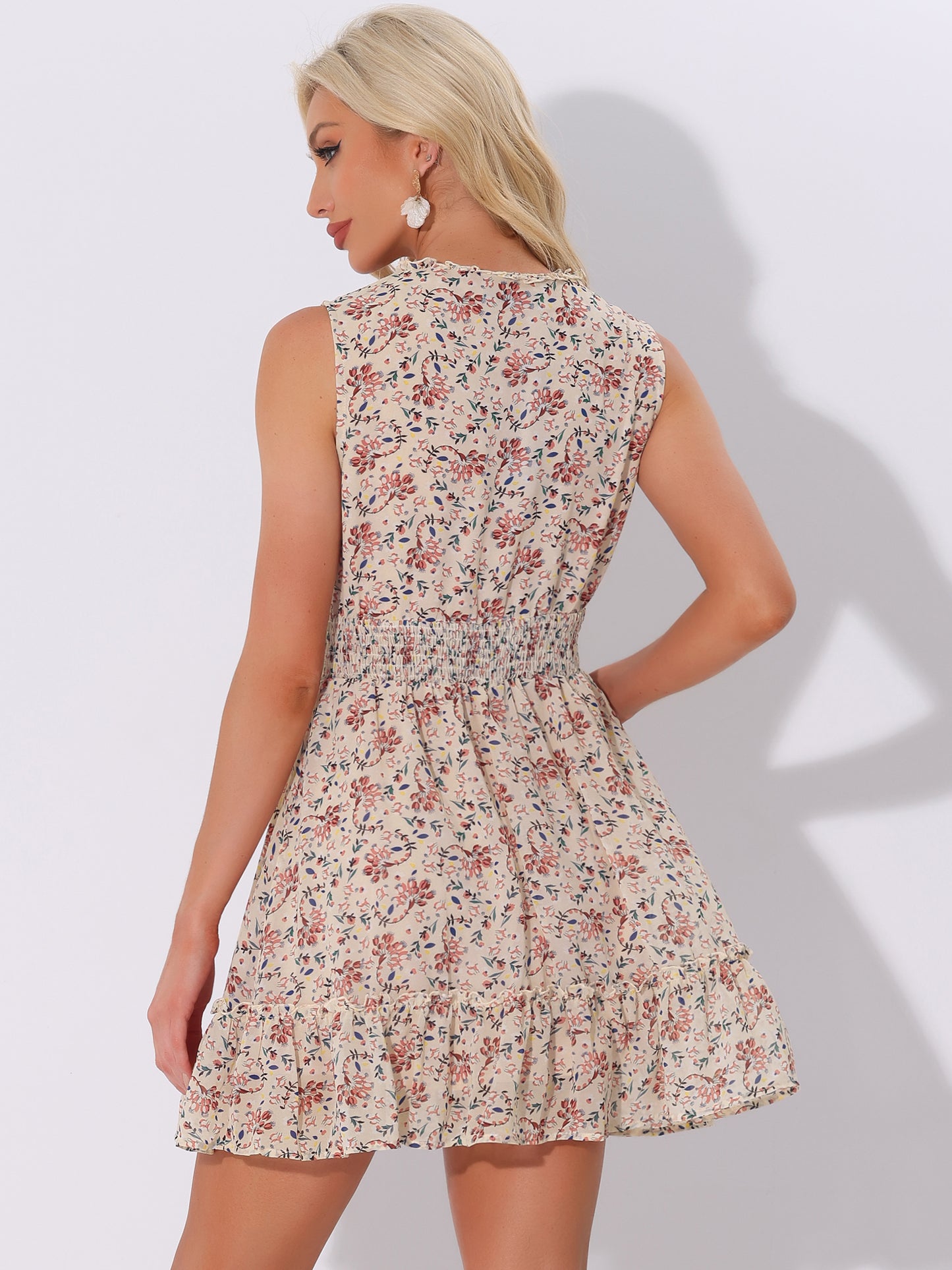 Women's Floral Dresses Sleeveless V Neck Sleeveless Smocked Waist Ruffle Mini Dress