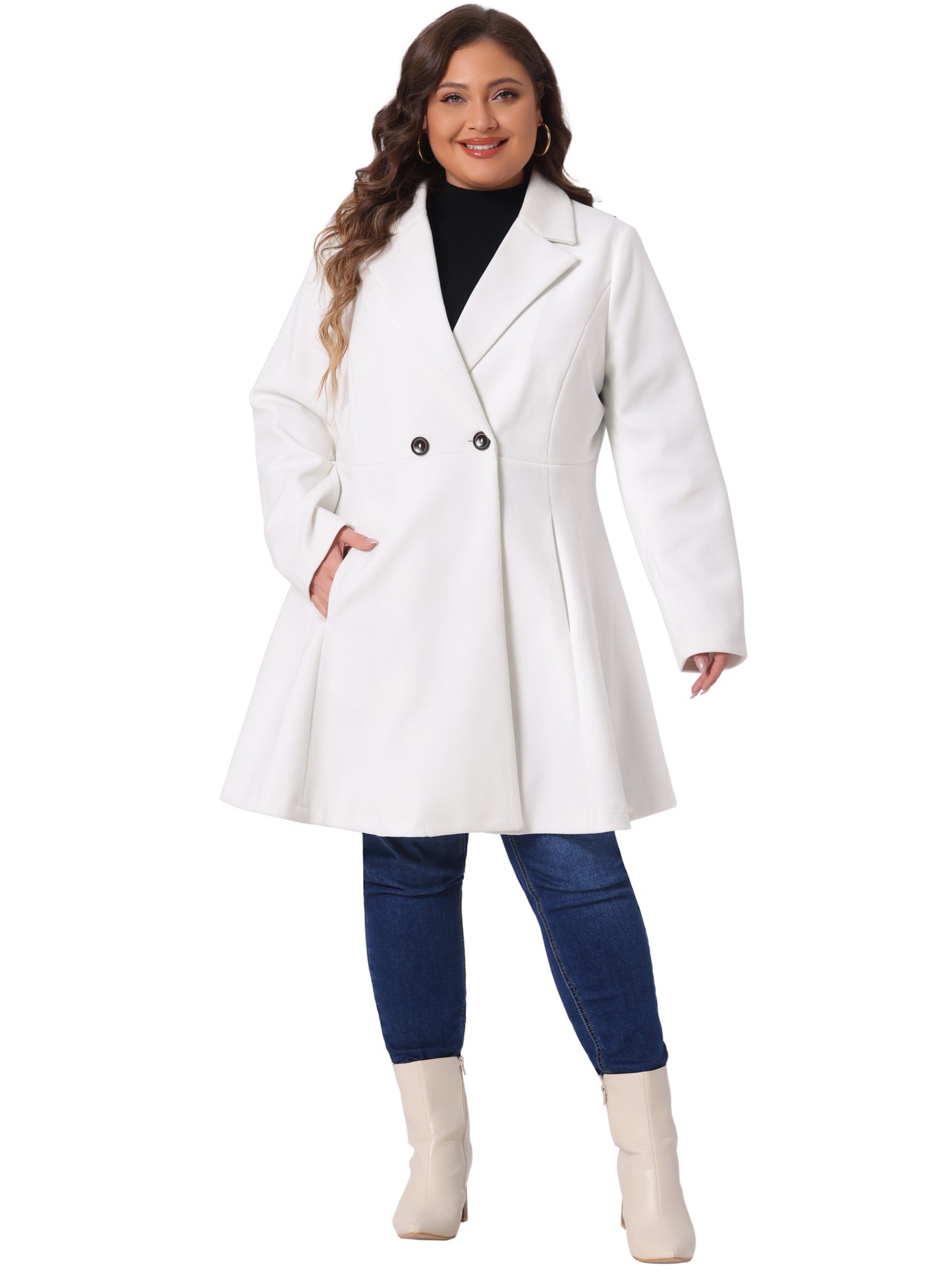 Women Plus Size Peacoat Elegant A Line Notched Lapel Double Breasted Long Coat