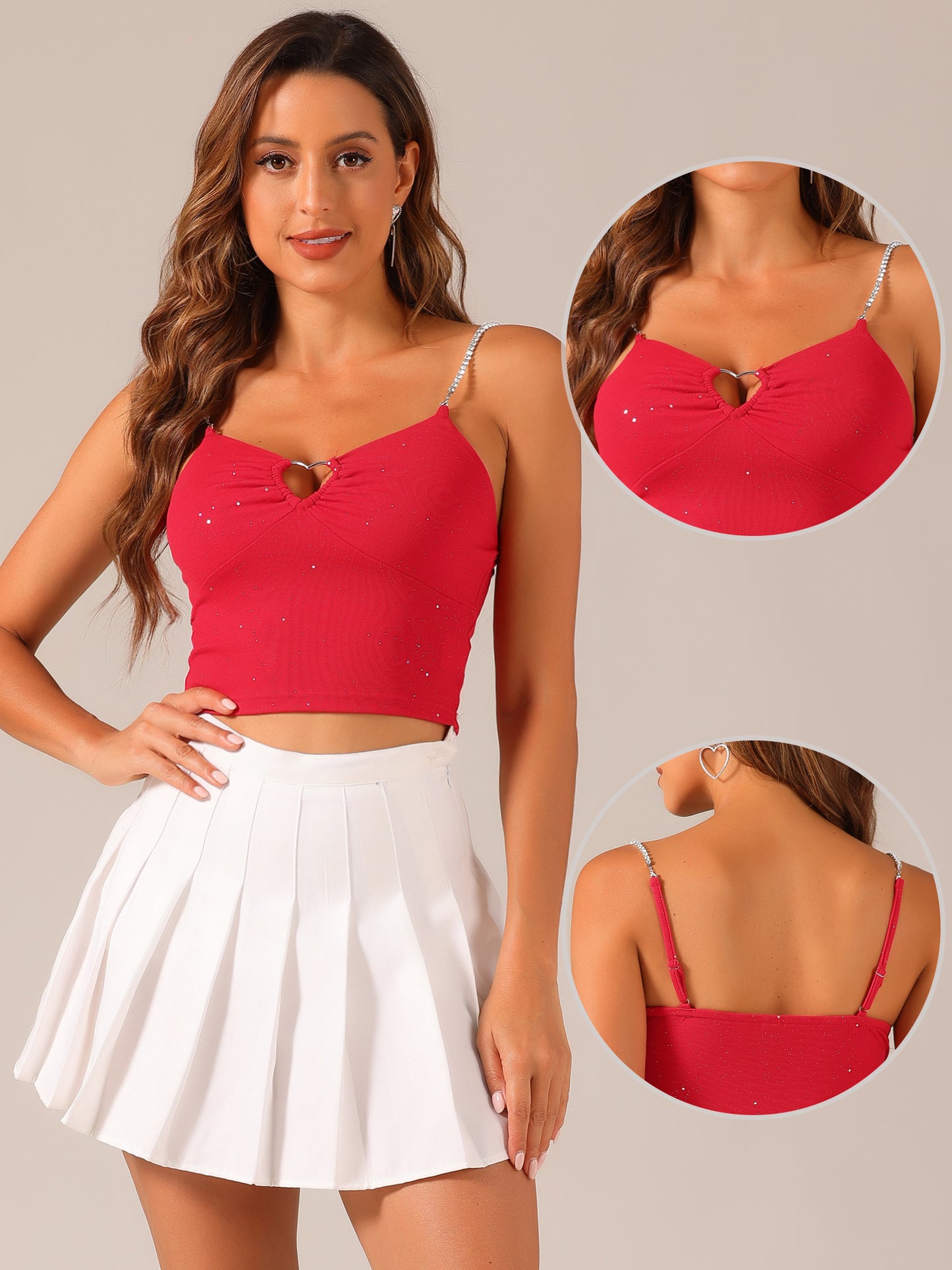 Women's Sexy Crop Top Sparkly Rhinestones Sleeveless Cut Out Spaghetti Straps Cocktail Party Tank Top