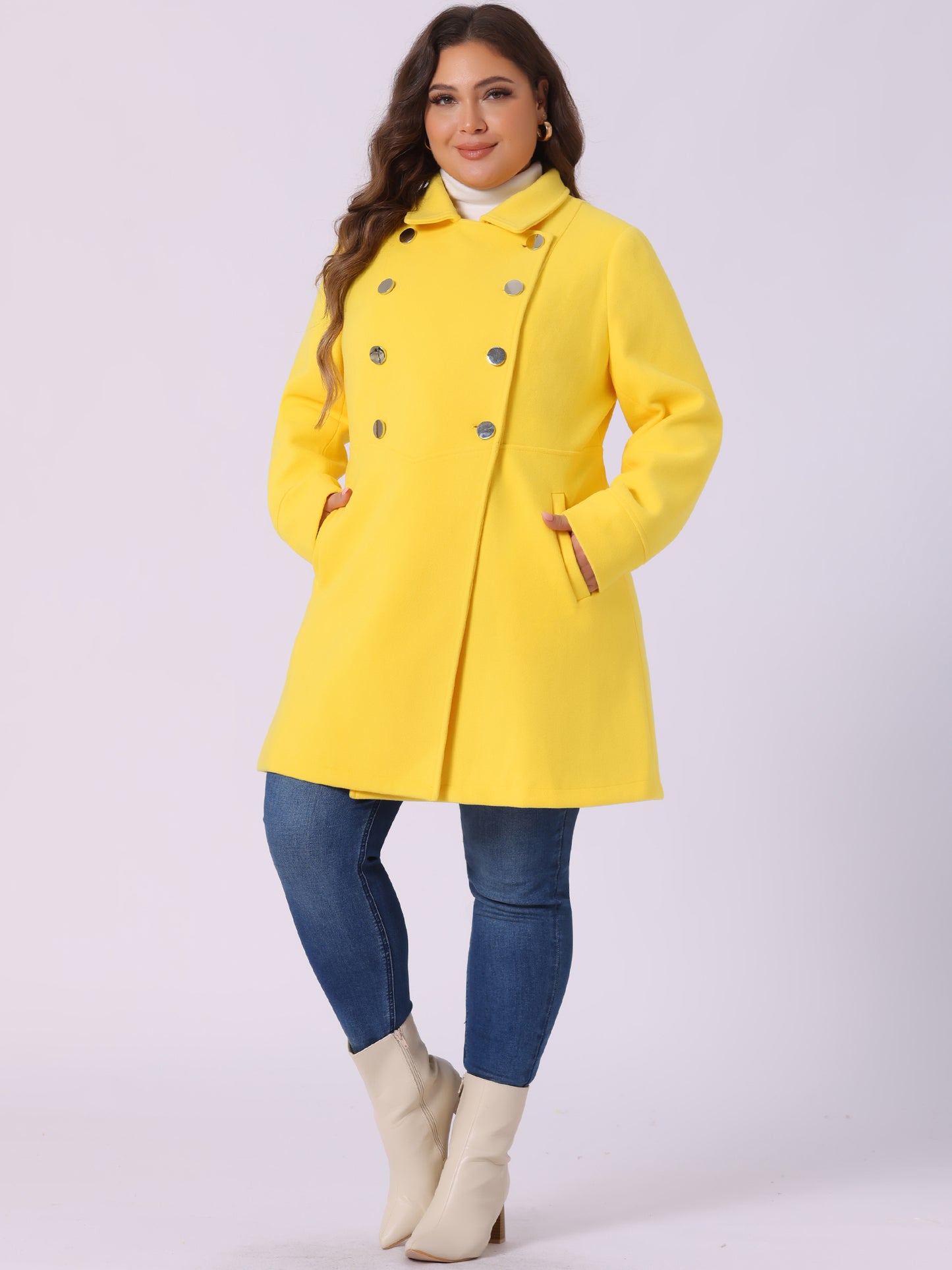 Women's Plus Size Coat A-Line Peter Pan Collar Double Breasted Fall Winter Peacoat