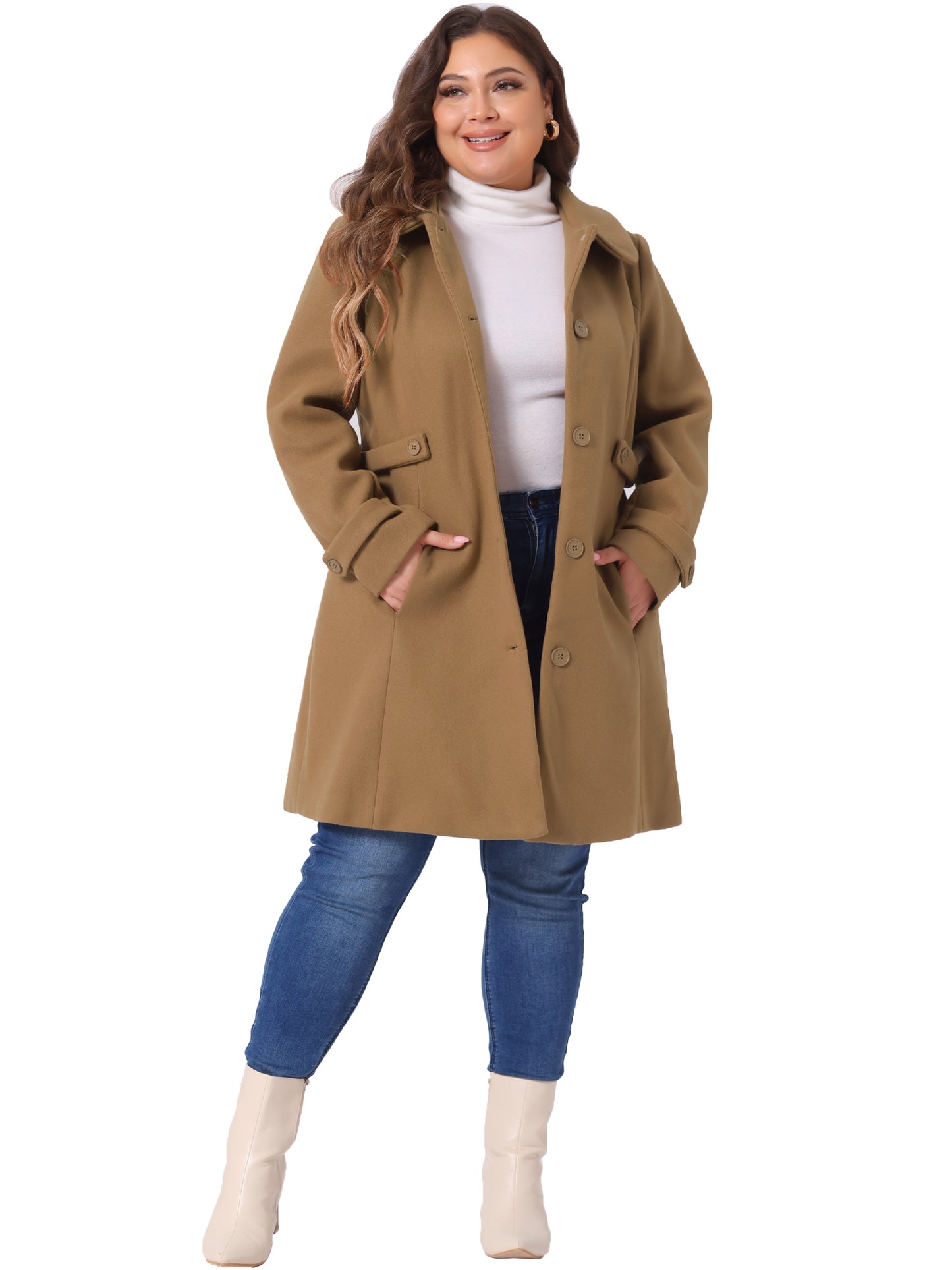 Women Plus Size Coats Peter Pan Collar Cuff Single Breasted Trench Jacket Winter Long Coat