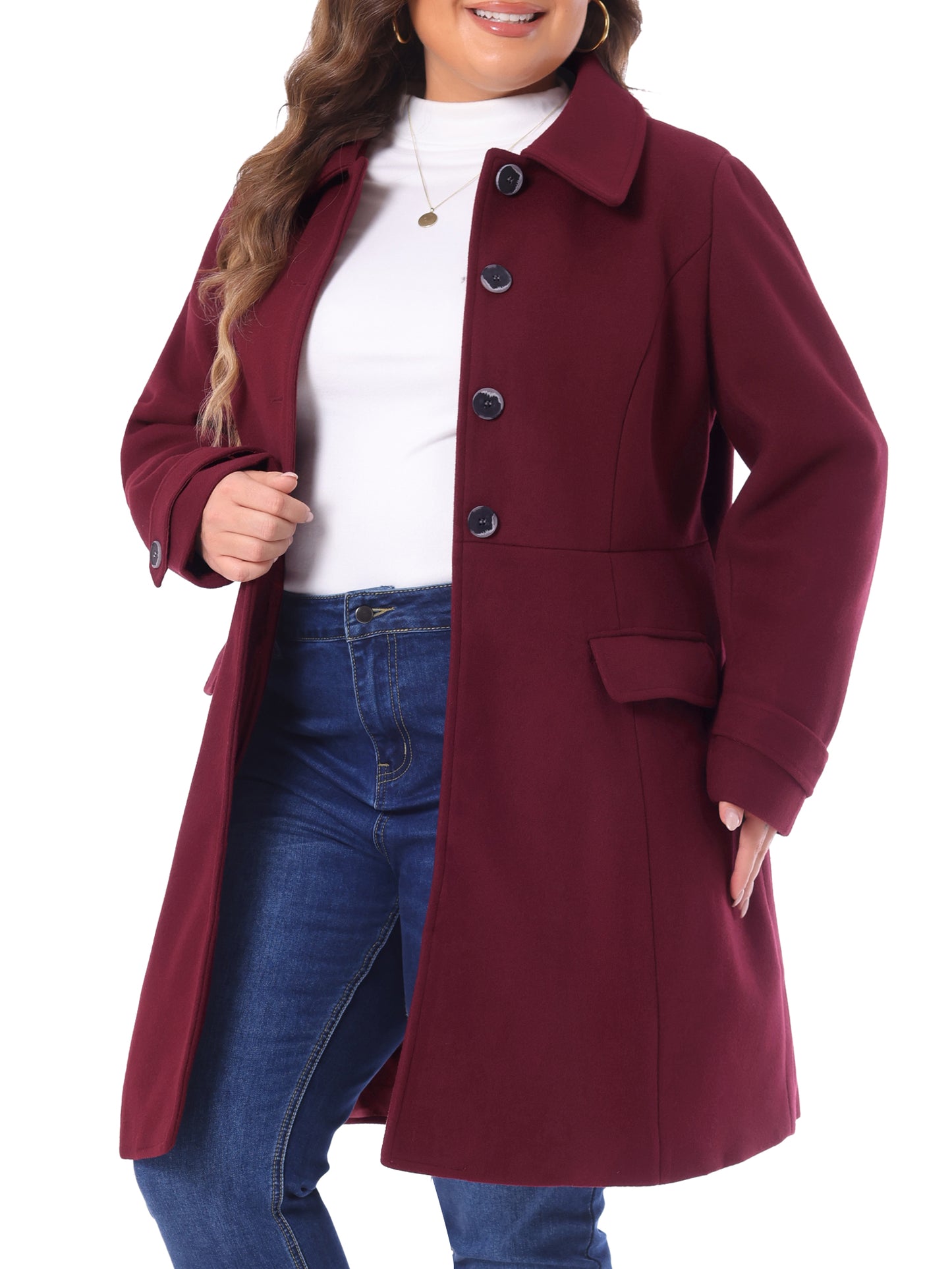Women Plus Size Coat Fall Winter Classic Single Breasted Pea Trench Long Coat with Pockets