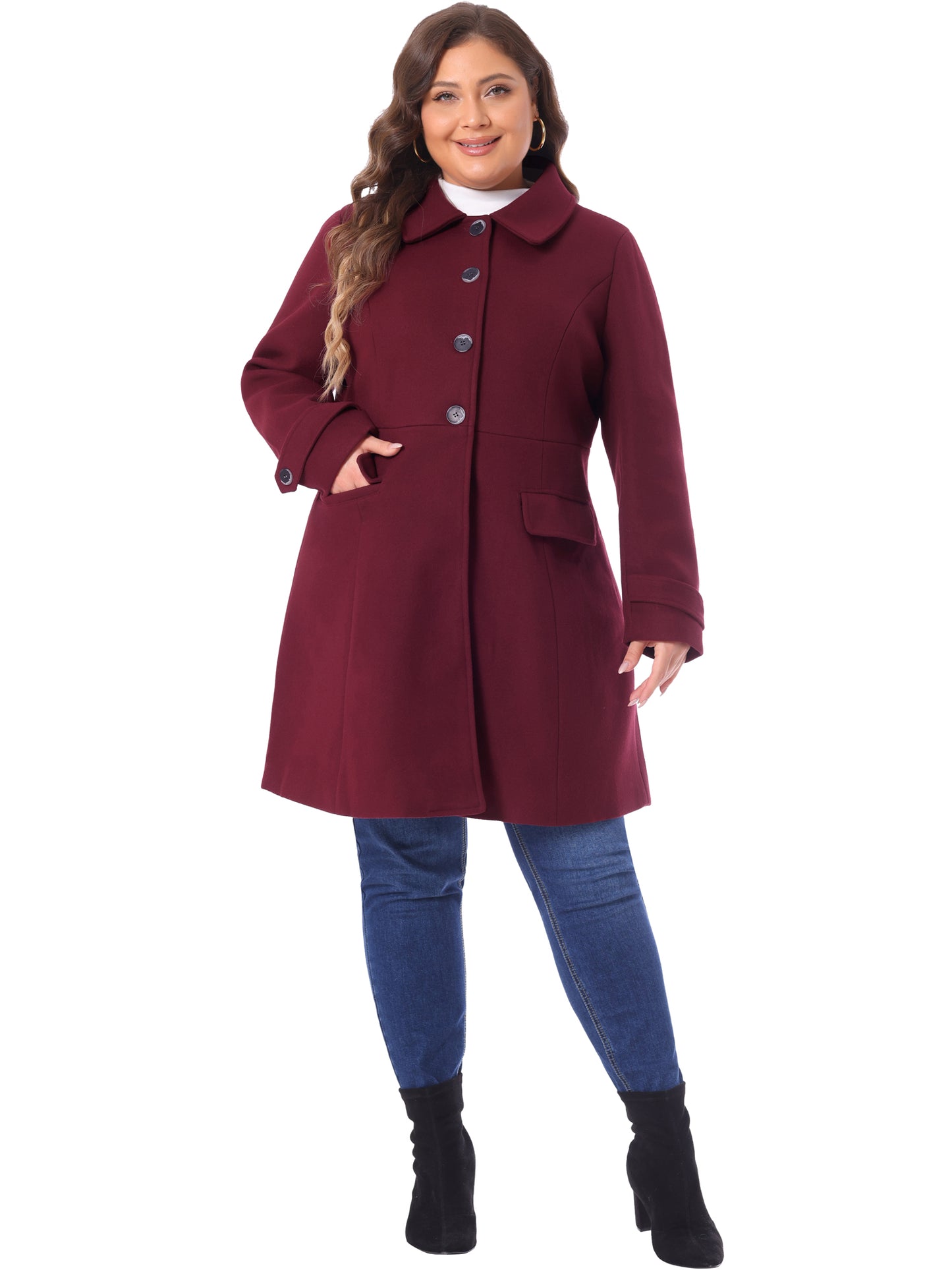 Women Plus Size Coat Fall Winter Classic Single Breasted Pea Trench Long Coat with Pockets