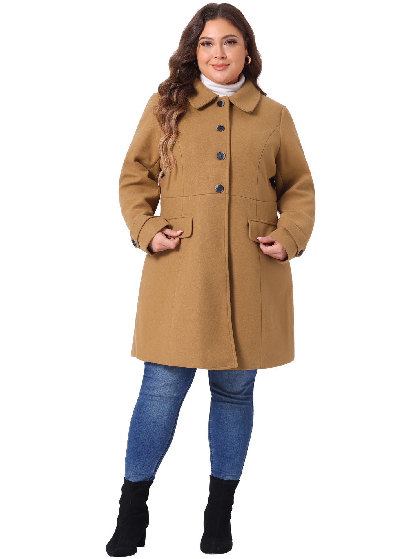 Women Plus Size Coat Fall Winter Classic Single Breasted Pea Trench Long Coat with Pockets