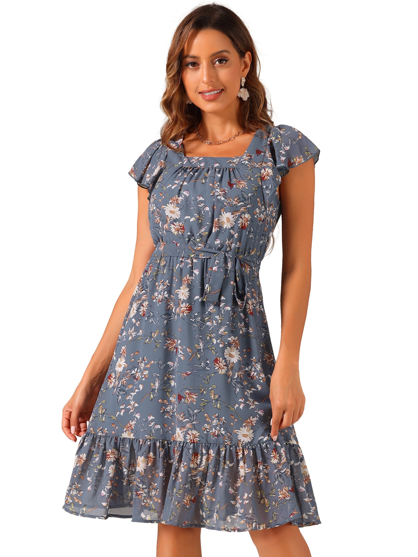 Women's Midi Floral Chiffon Dress Flutter Sleeve Belted Square Neck Ruffled Dress (Available in Plus Size)