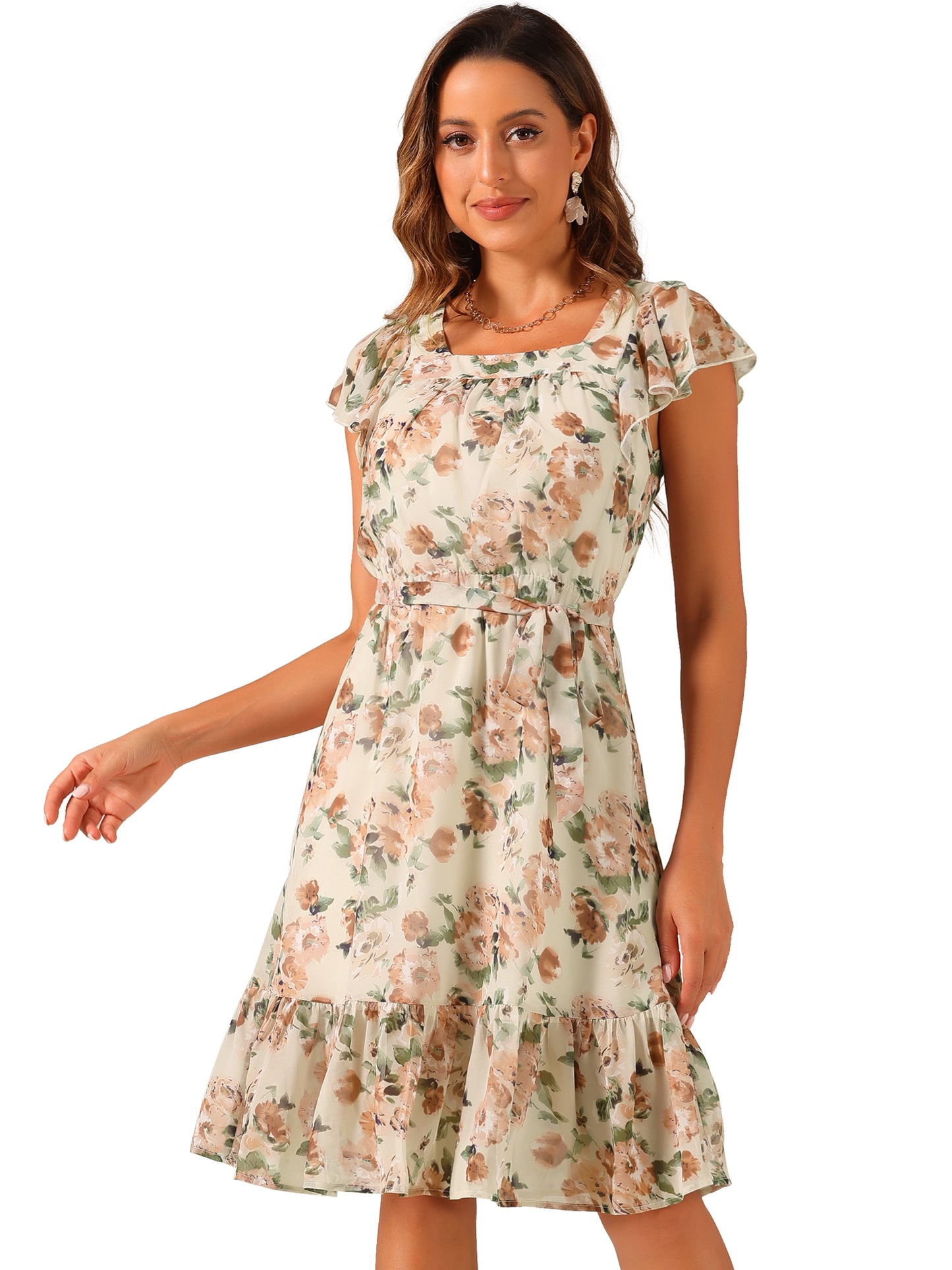 Women's Midi Floral Chiffon Dress Flutter Sleeve Belted Square Neck Ruffled Dress (Available in Plus Size)