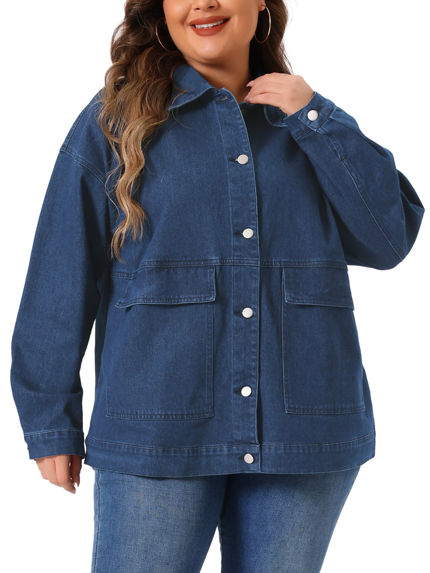 Women Plus Size Denim Jacket Casual Long Sleeve Jean Jackets with Pockets