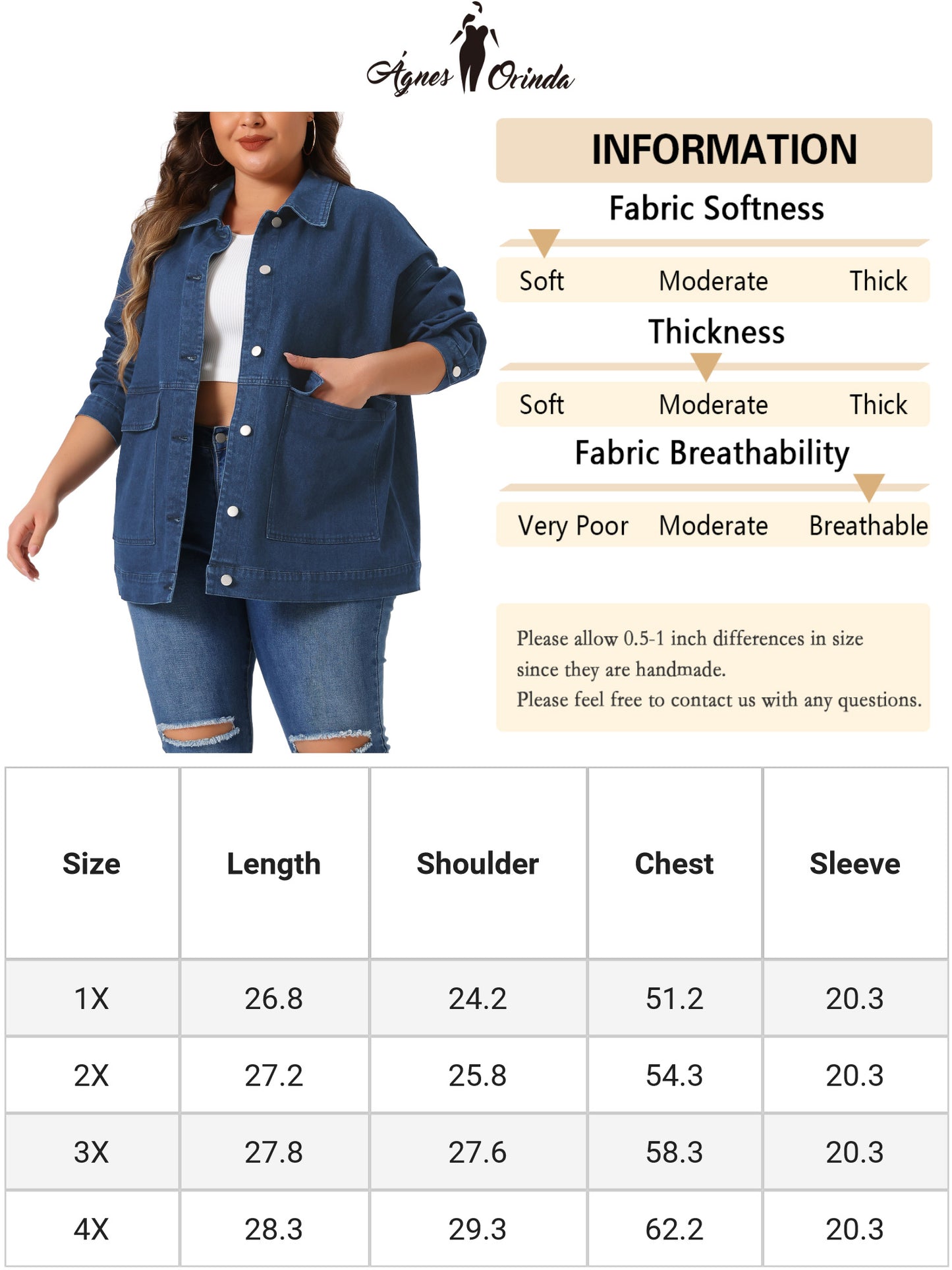 Women Plus Size Denim Jacket Casual Long Sleeve Jean Jackets with Pockets