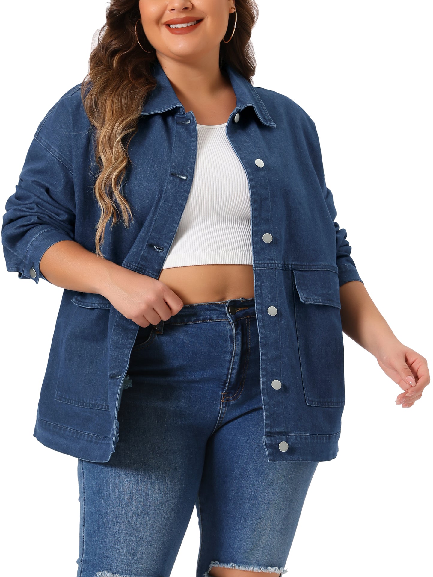 Women Plus Size Denim Jacket Casual Long Sleeve Jean Jackets with Pockets