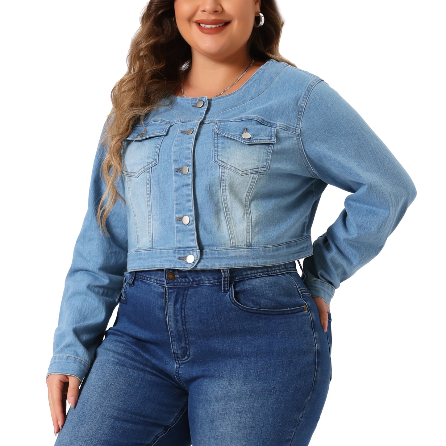 Women Plus Size Denim Collarless Chest Pockets Button Down Crop Jean Jacket