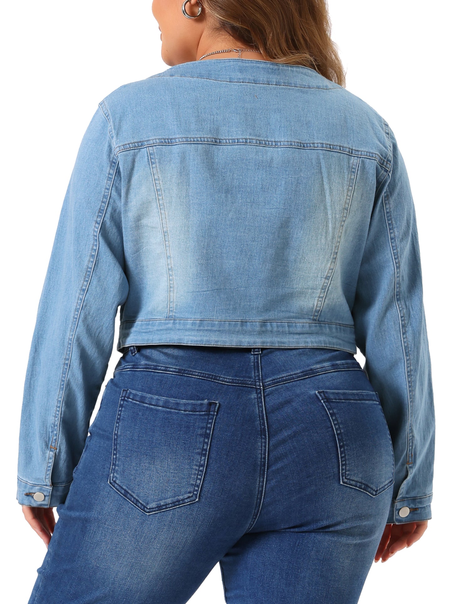 Women Plus Size Denim Collarless Chest Pockets Button Down Crop Jean Jacket