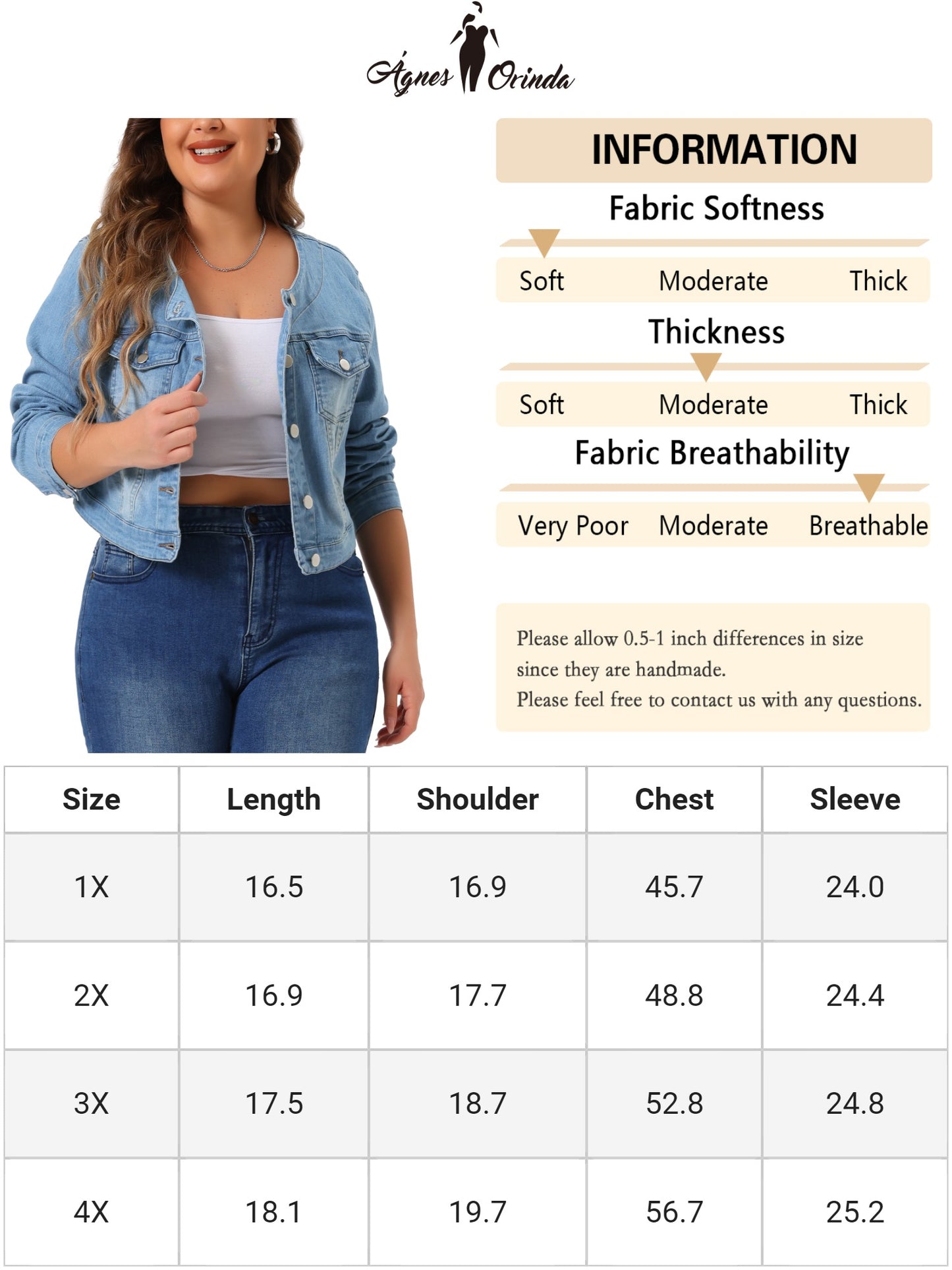 Women Plus Size Denim Collarless Chest Pockets Button Down Crop Jean Jacket