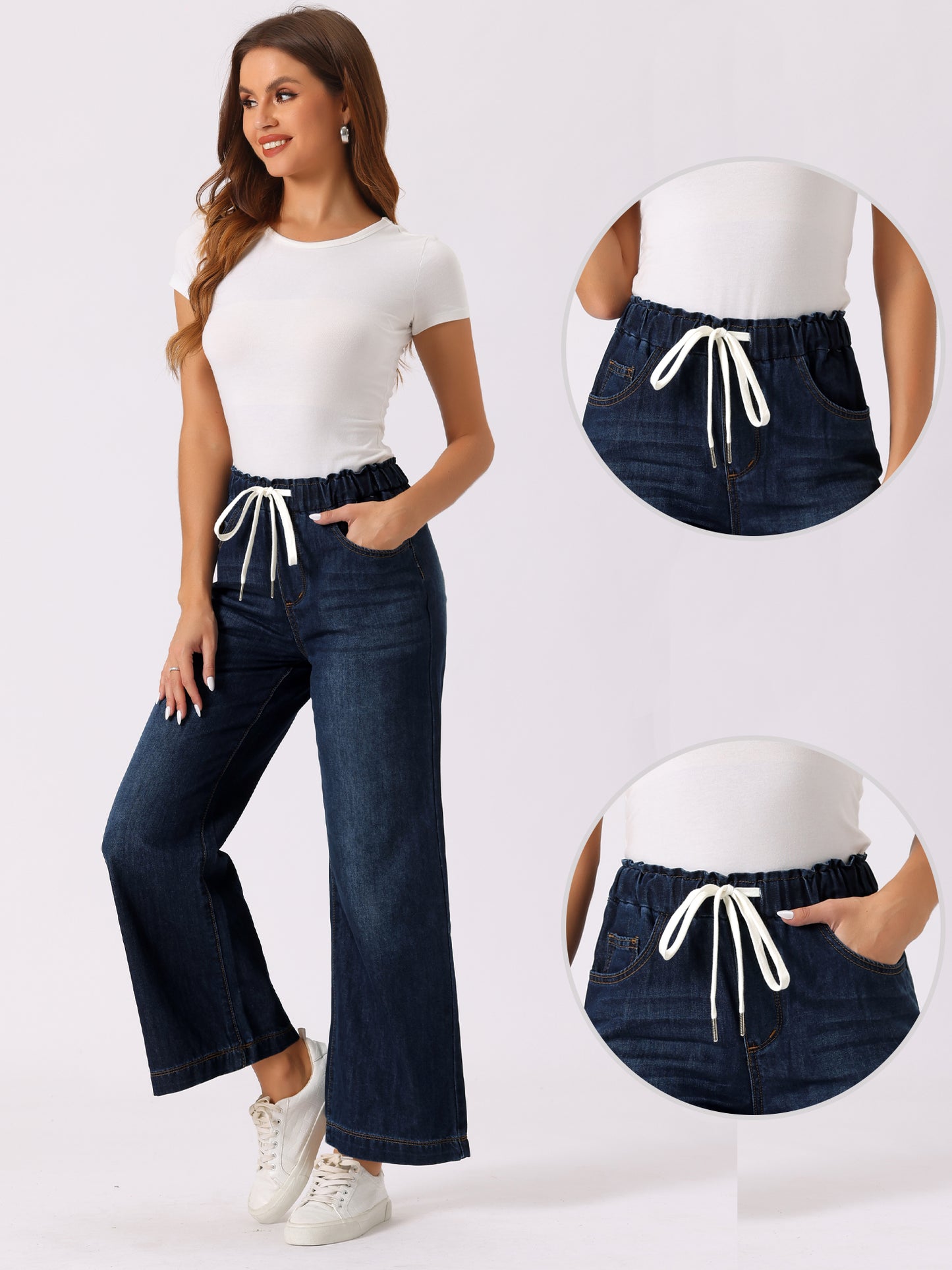 Women's Casual Denim Pants Baggy Drawstring Elastic Waist Wide Legs Jeans