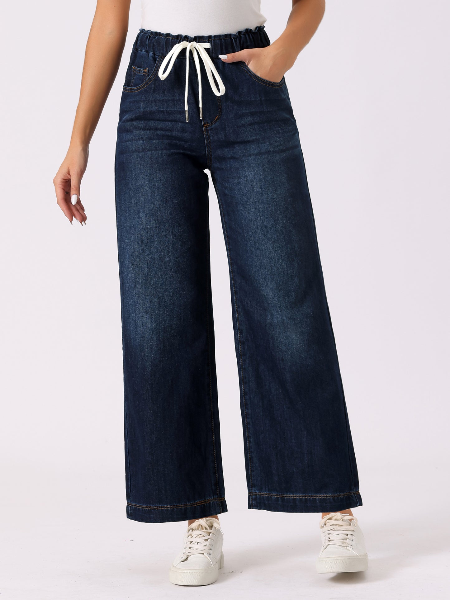 Women's Casual Denim Pants Baggy Drawstring Elastic Waist Wide Legs Jeans