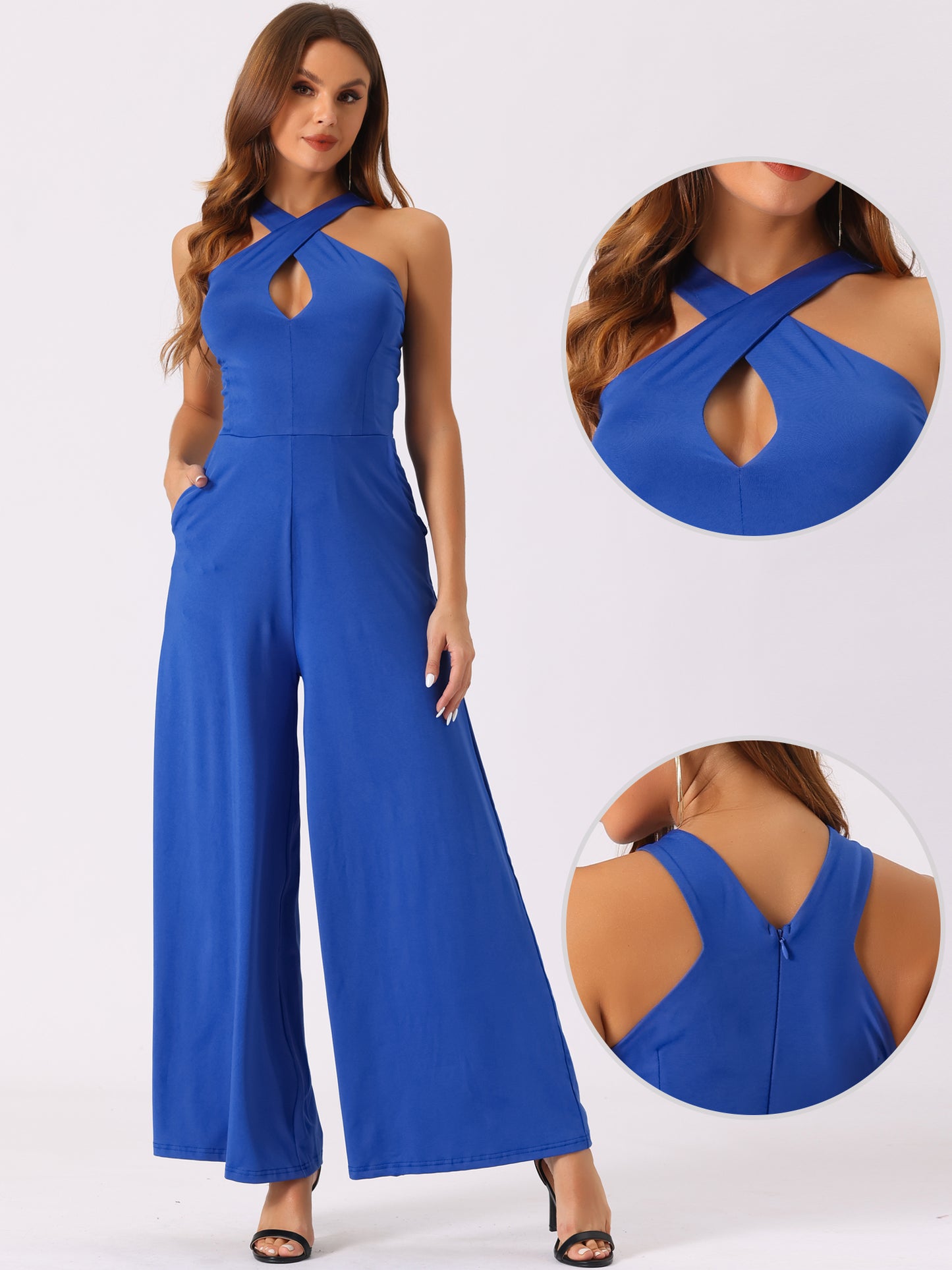 Women's Cross Neck Jumpsuits Full Length Wide Leg Sleeveless Cocktail Romper