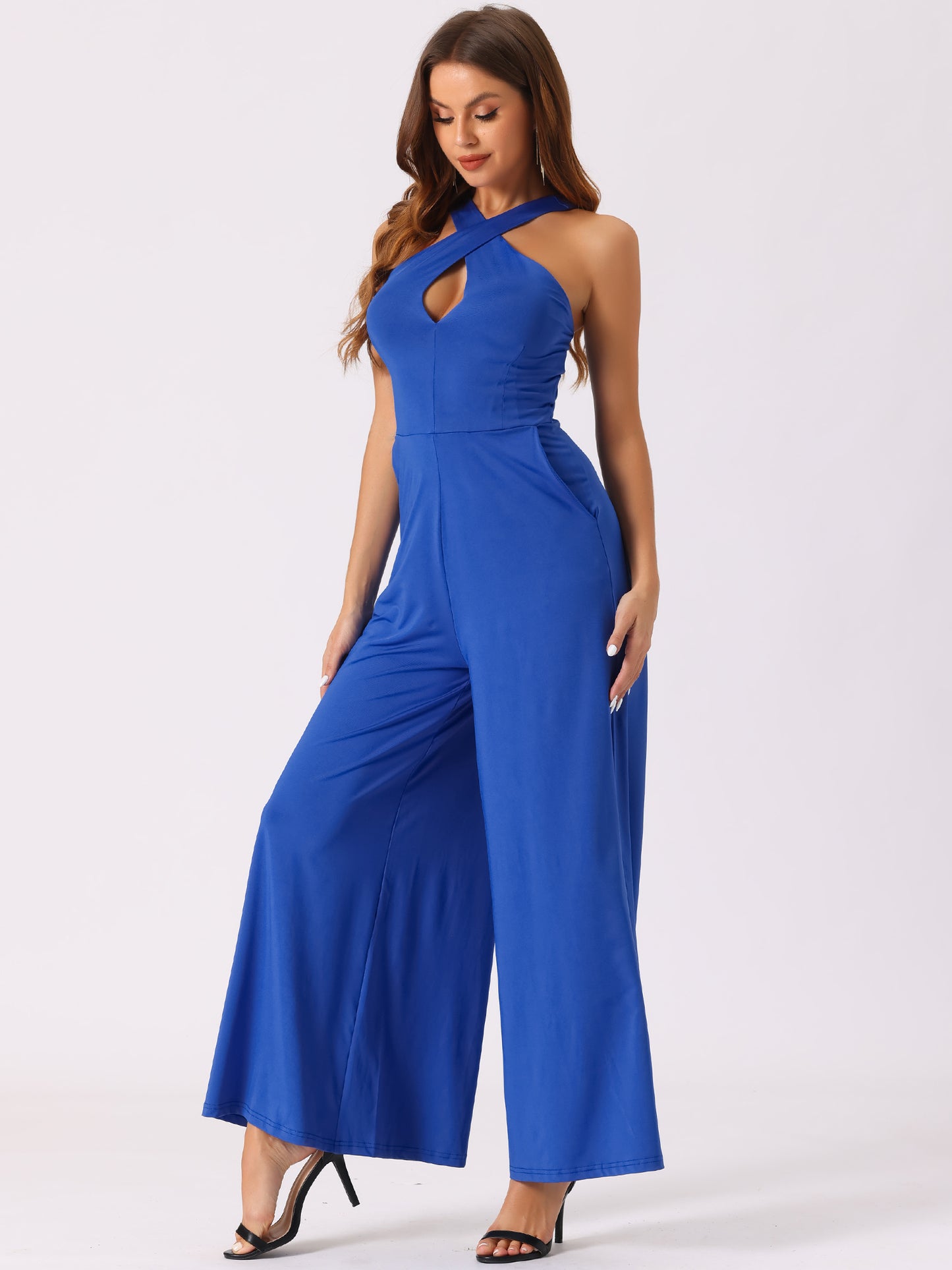 Women's Cross Neck Jumpsuits Full Length Wide Leg Sleeveless Cocktail Romper