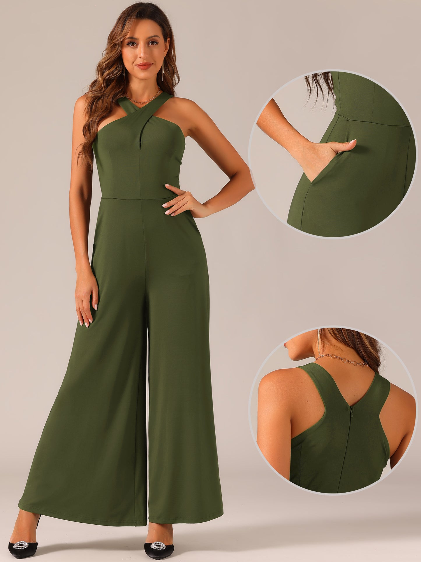 Women's Cross Neck Jumpsuits Full Length Wide Leg Sleeveless Cocktail Romper