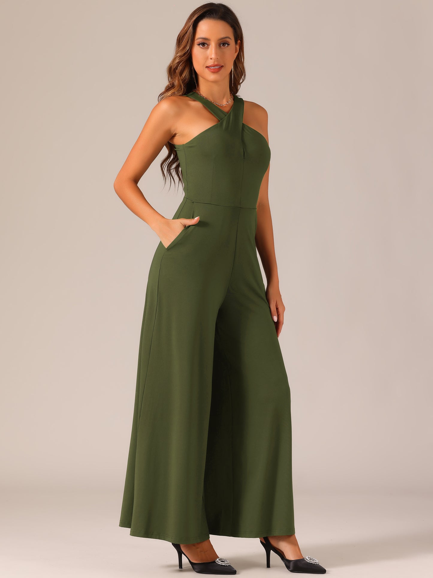 Women's Cross Neck Jumpsuits Full Length Wide Leg Sleeveless Cocktail Romper