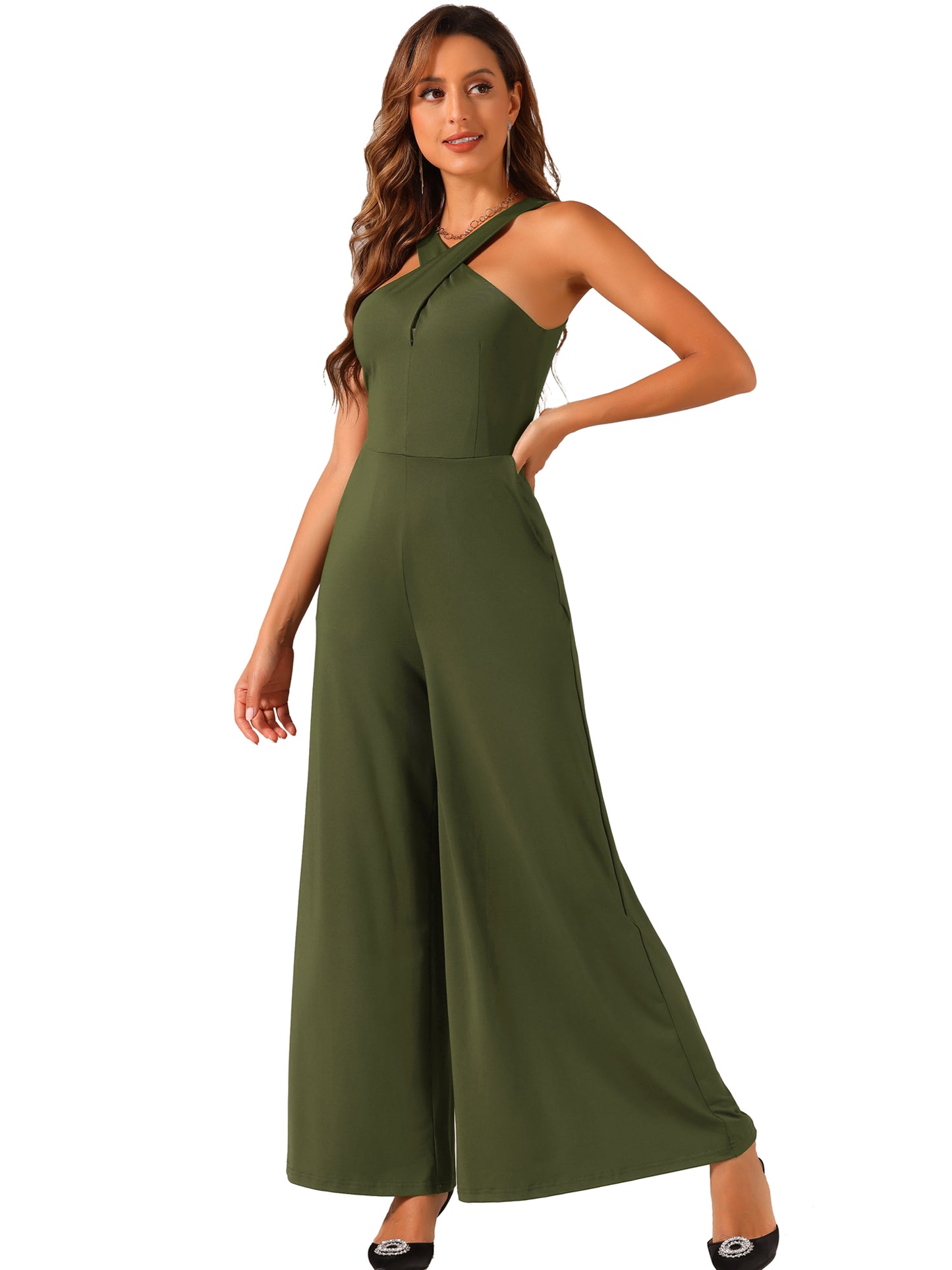 Women's Cross Neck Jumpsuits Full Length Wide Leg Sleeveless Cocktail Romper