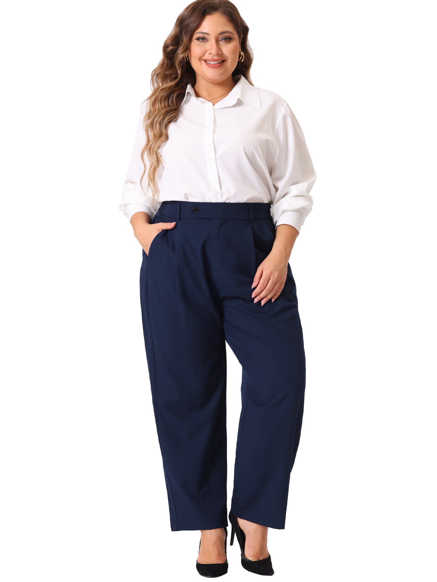 Women Plus Size Pants Elastic High Waisted Long Straight Business Casual Work Pants Trousers with Pockets