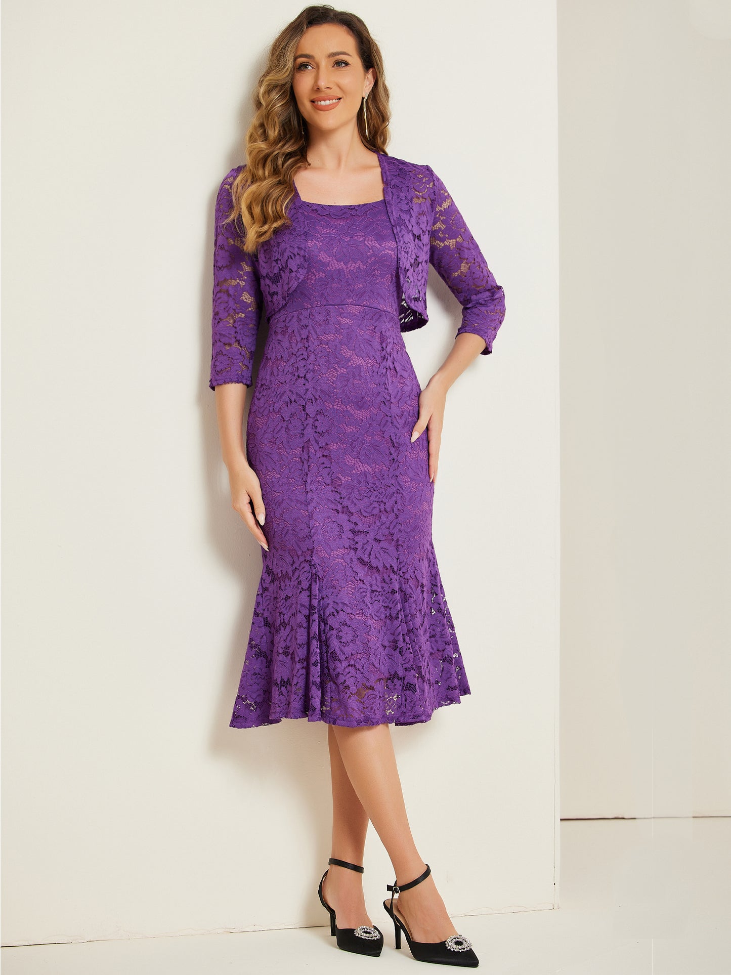 Women's 2 Pieces Wedding Guest Sleeveless Evening Lace Dress