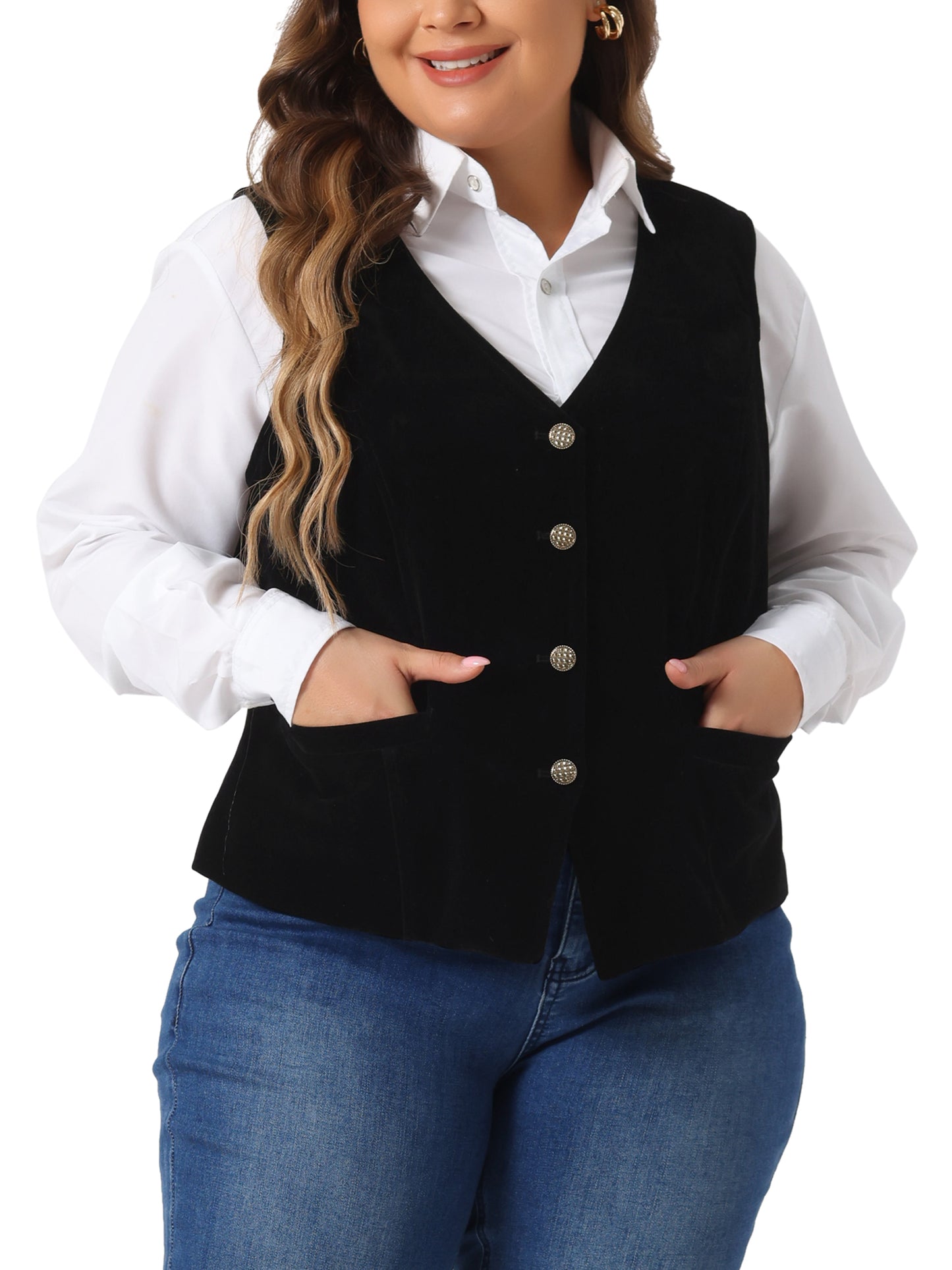 Women Plus Size Vests Waistcoat Steampunk Velvet Sleeveless Button Down V Neck Suit Vest