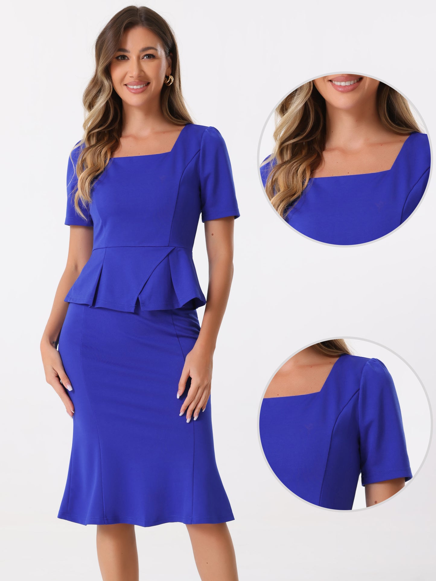 Women's 2 Piece Business Skirt Set Short Sleeve Peplum Top Fishtail Bodycon Skirt