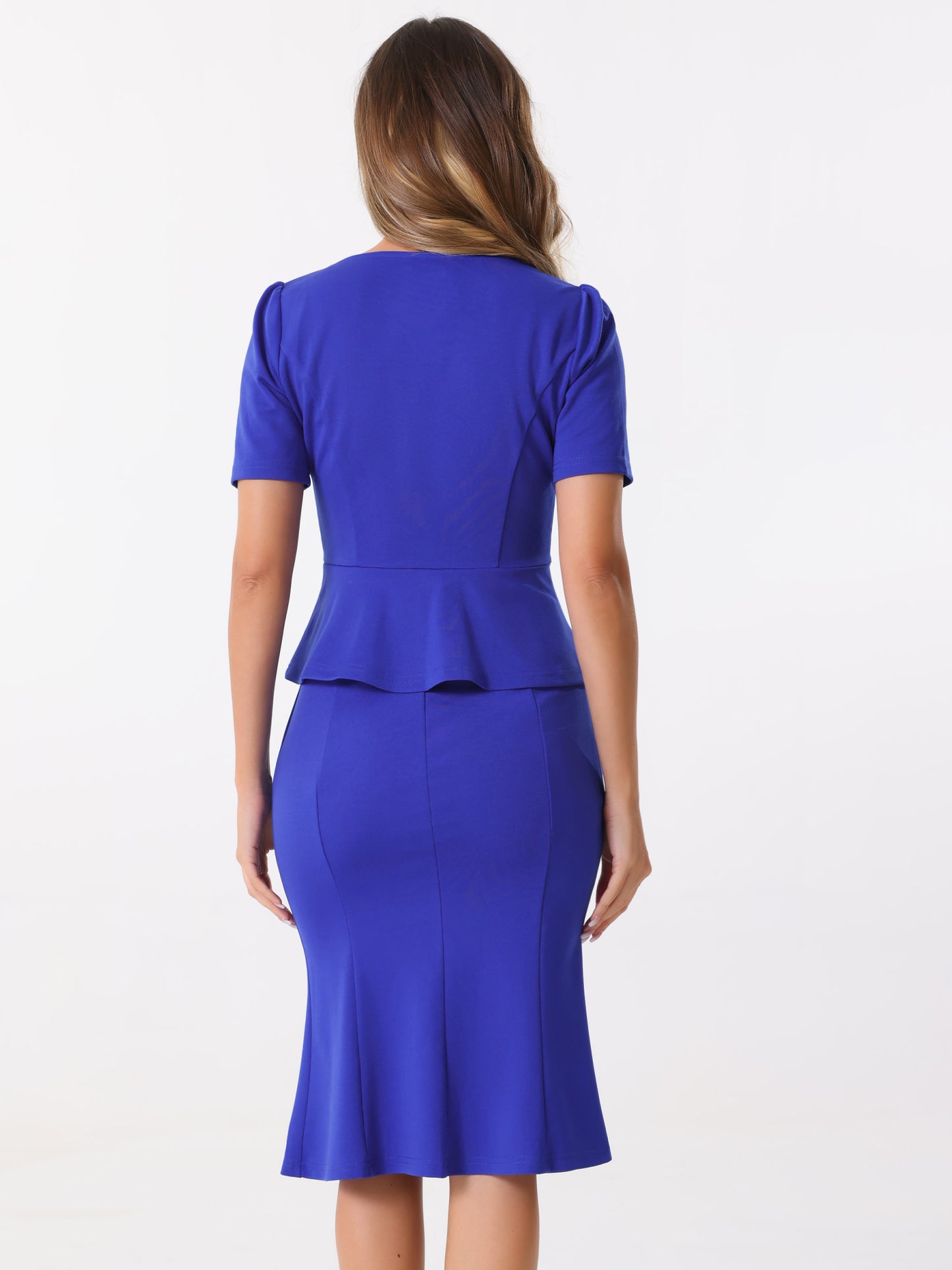 Women's 2 Piece Business Skirt Set Short Sleeve Peplum Top Fishtail Bodycon Skirt