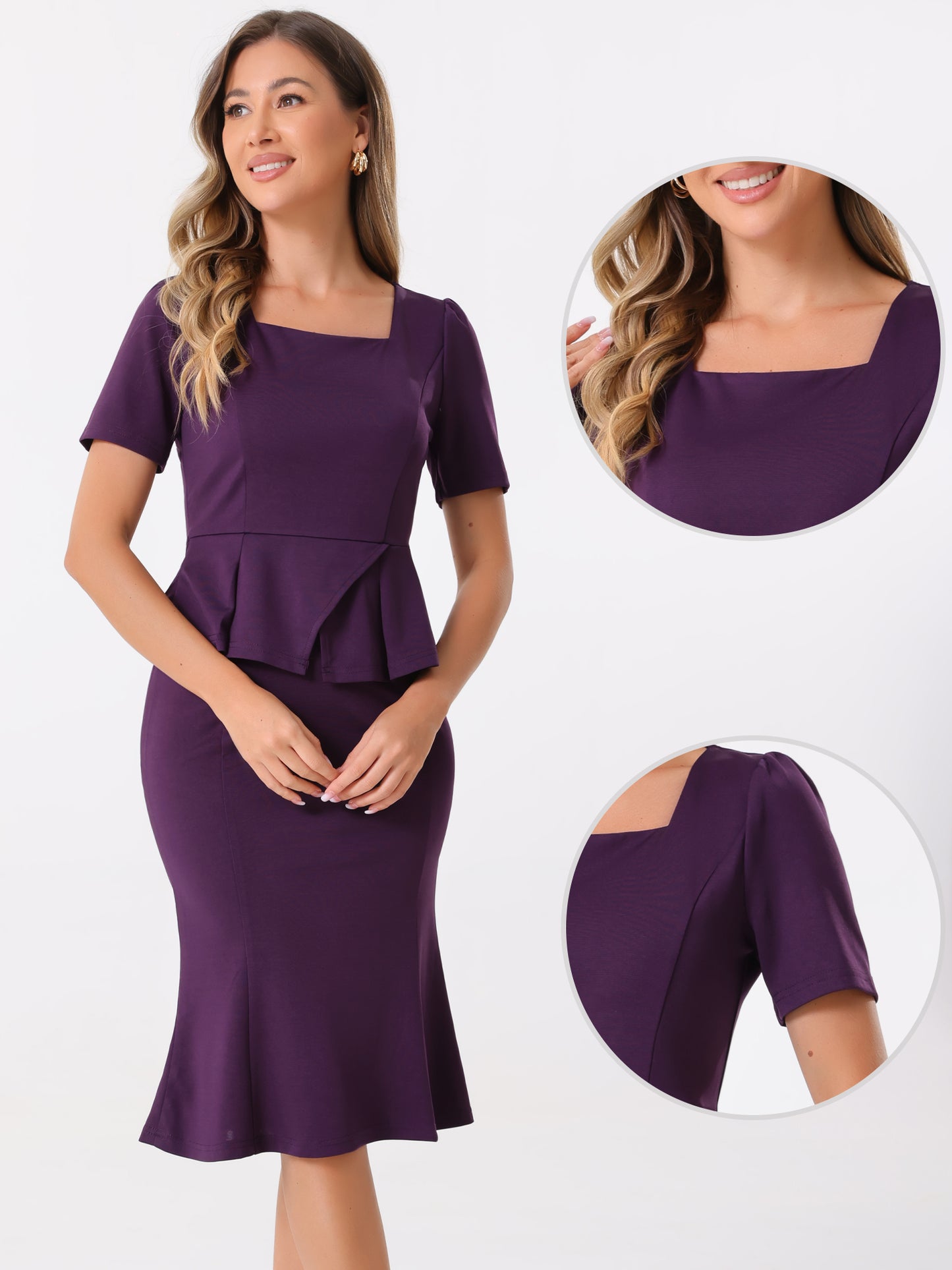 Women's 2 Piece Business Skirt Set Short Sleeve Peplum Top Fishtail Bodycon Skirt