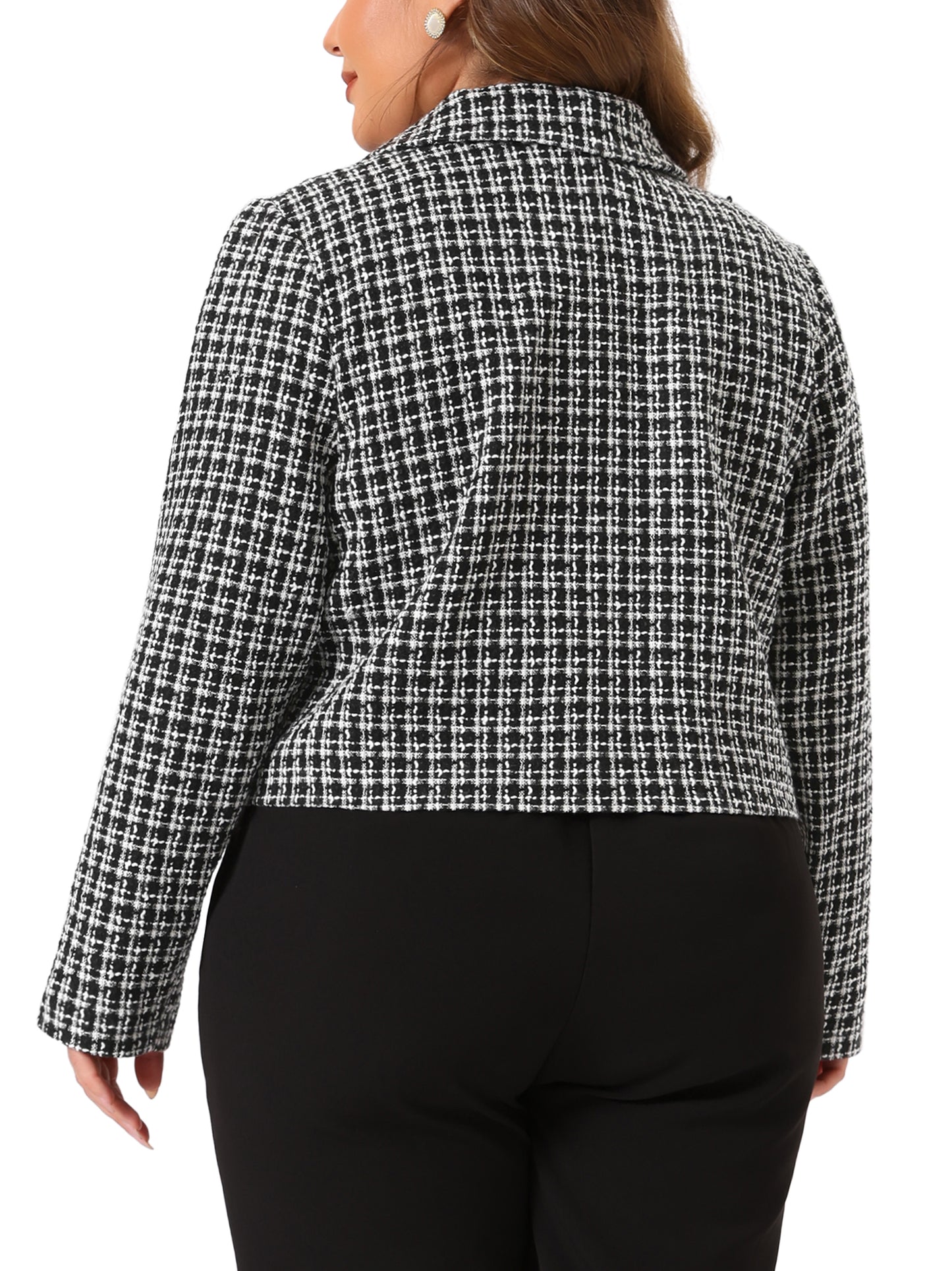 Women Plus Size Tweed Blazer Jacket Notched Lapel Business Casual Fashion Elegant Spring Jackets