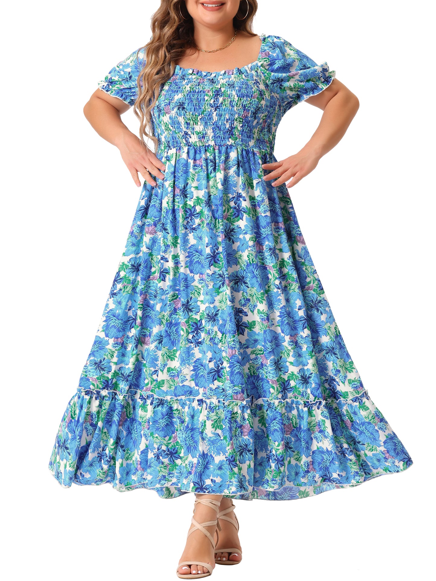 Women Plus Size Short Sleeve Shirred Square Neck Floral Maxi Long Dress