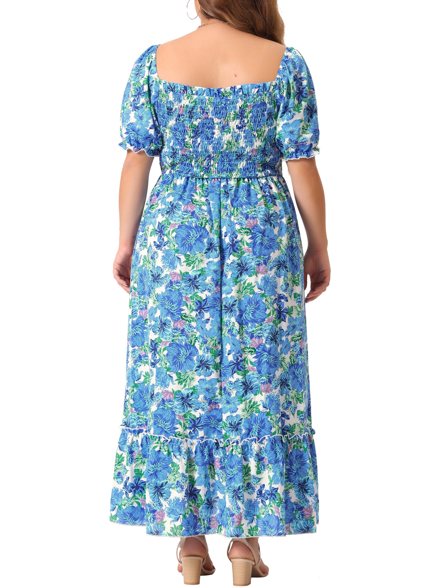 Women Plus Size Short Sleeve Shirred Square Neck Floral Maxi Long Dress