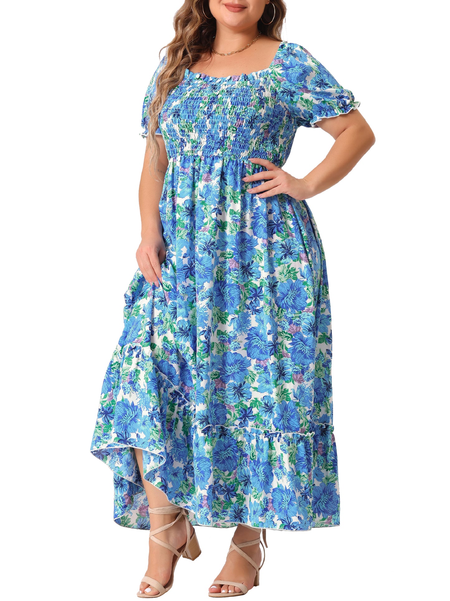 Women Plus Size Short Sleeve Shirred Square Neck Floral Maxi Long Dress