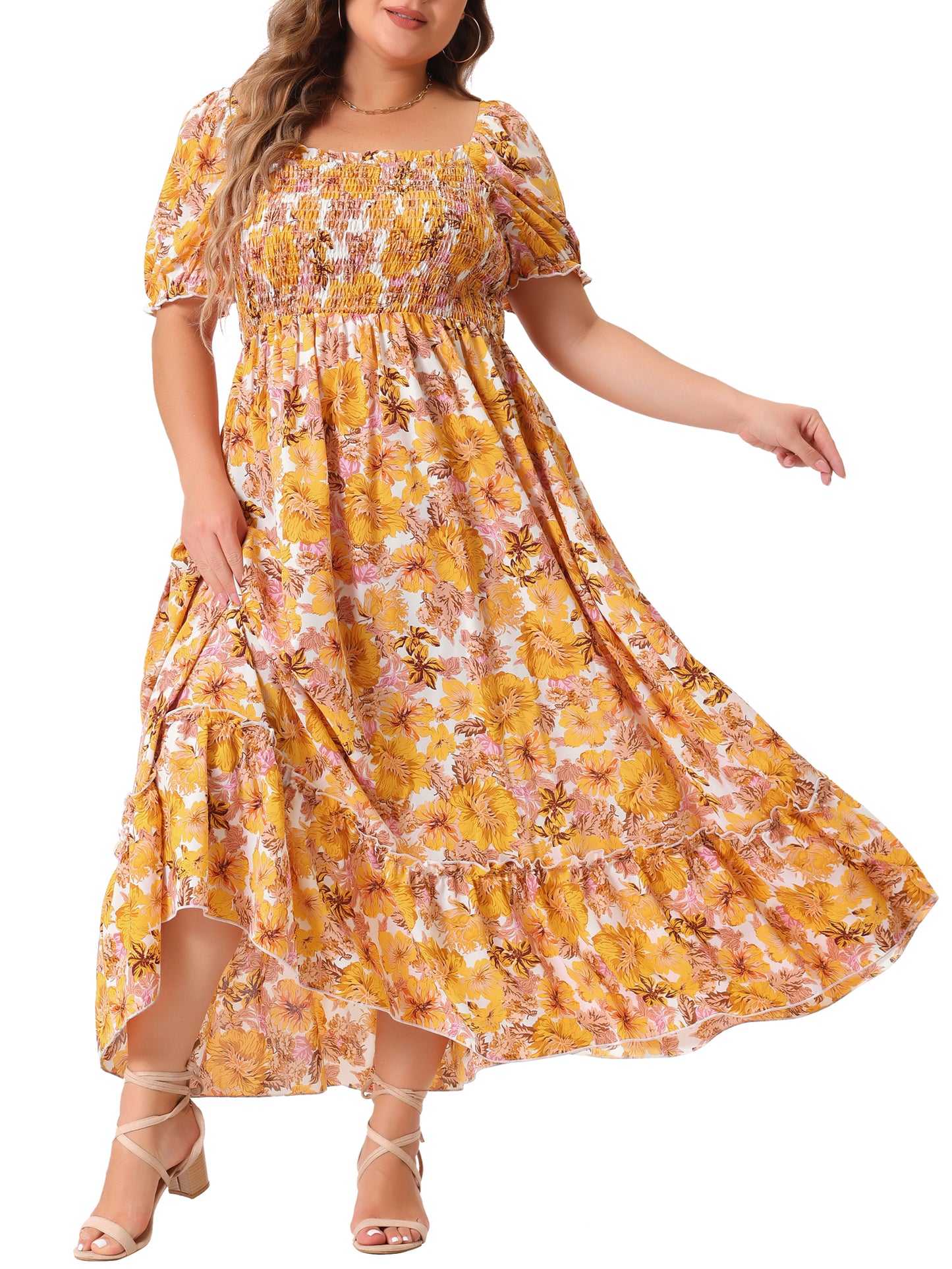 Vestido maxi largo floral con escote cuadrado y manga corta fruncido para mujer, talla grande