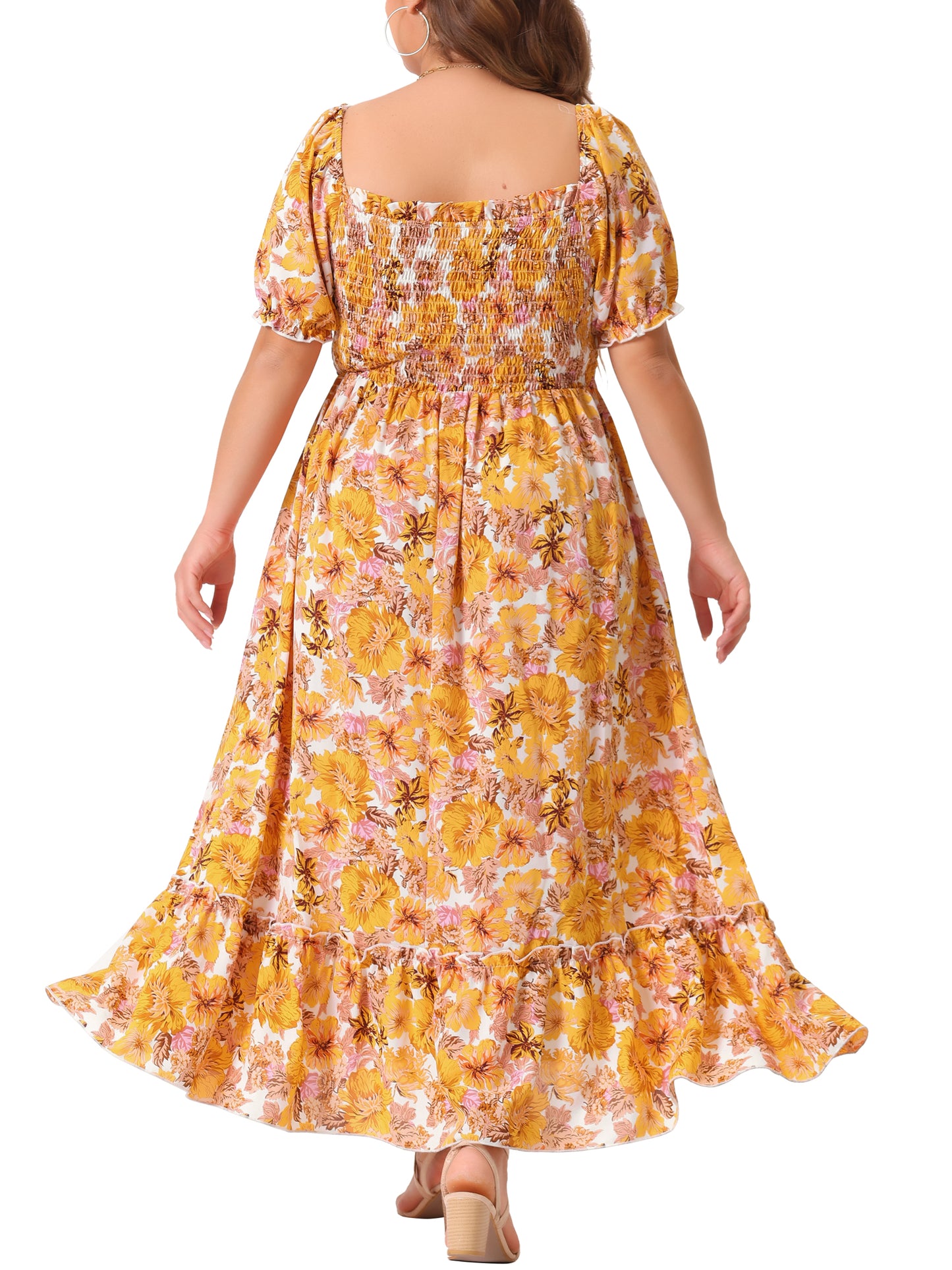 Vestido maxi largo floral con escote cuadrado y manga corta fruncido para mujer, talla grande