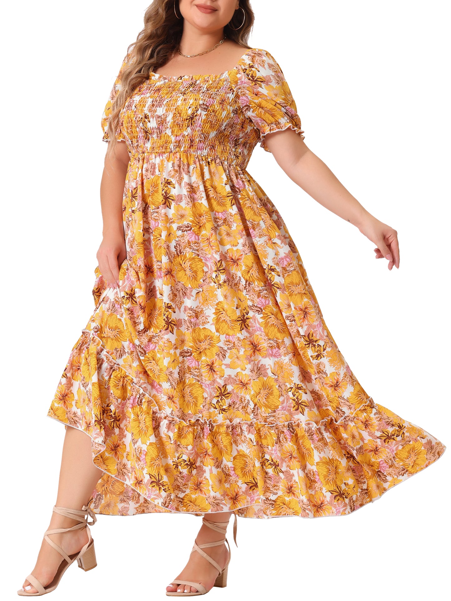 Vestido maxi largo floral con escote cuadrado y manga corta fruncido para mujer, talla grande