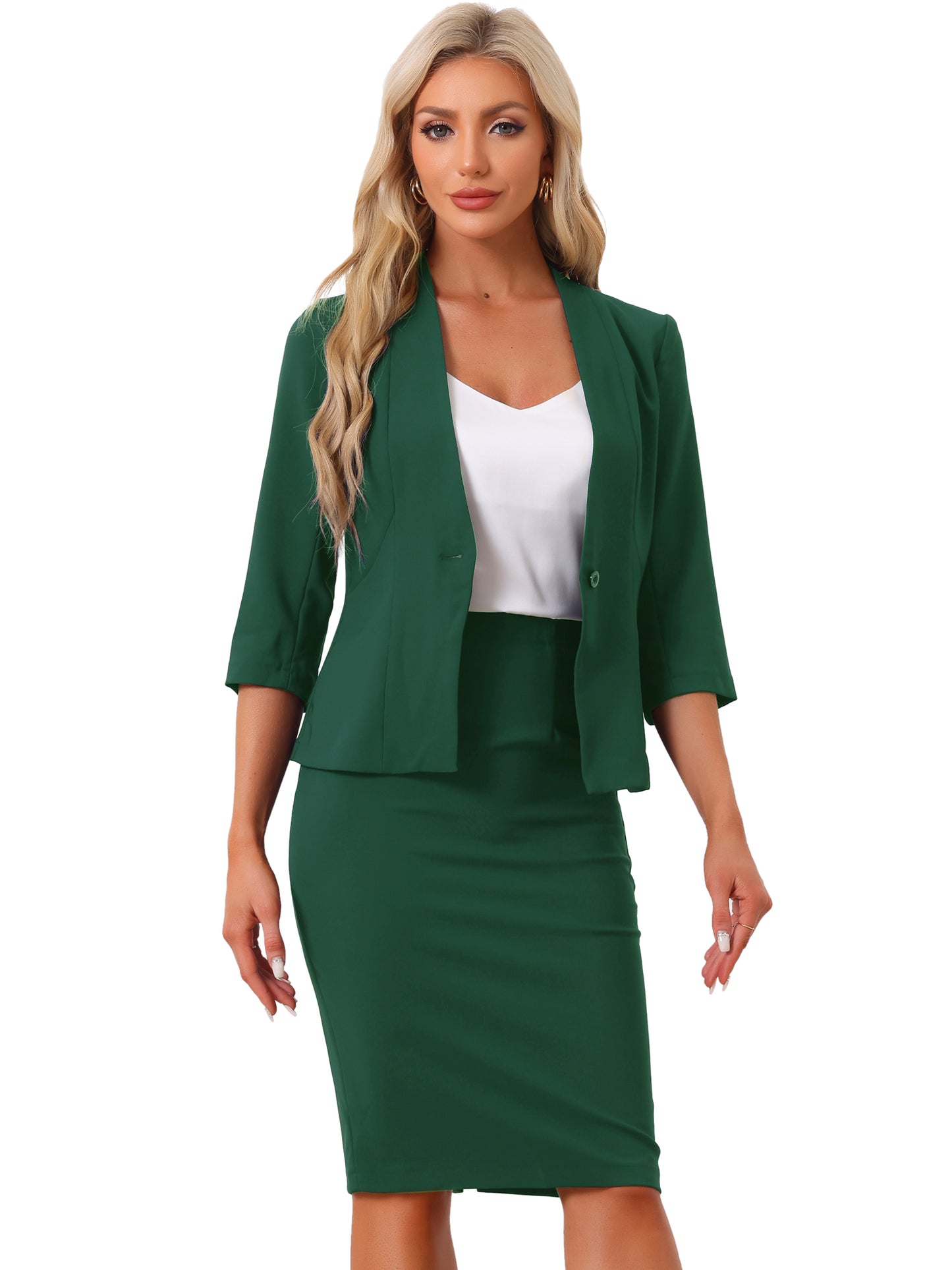 Women's 2 Piece Business Skirt Suit Set Office Work Collarless Blazer Pencil Skirt