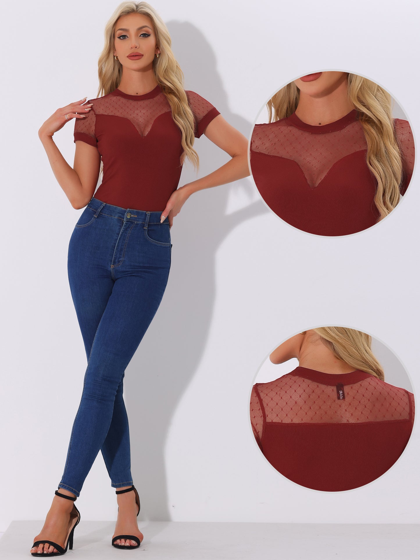 Women's Mesh Panel V Neck Knit Top Short Sleeve Bodysuit