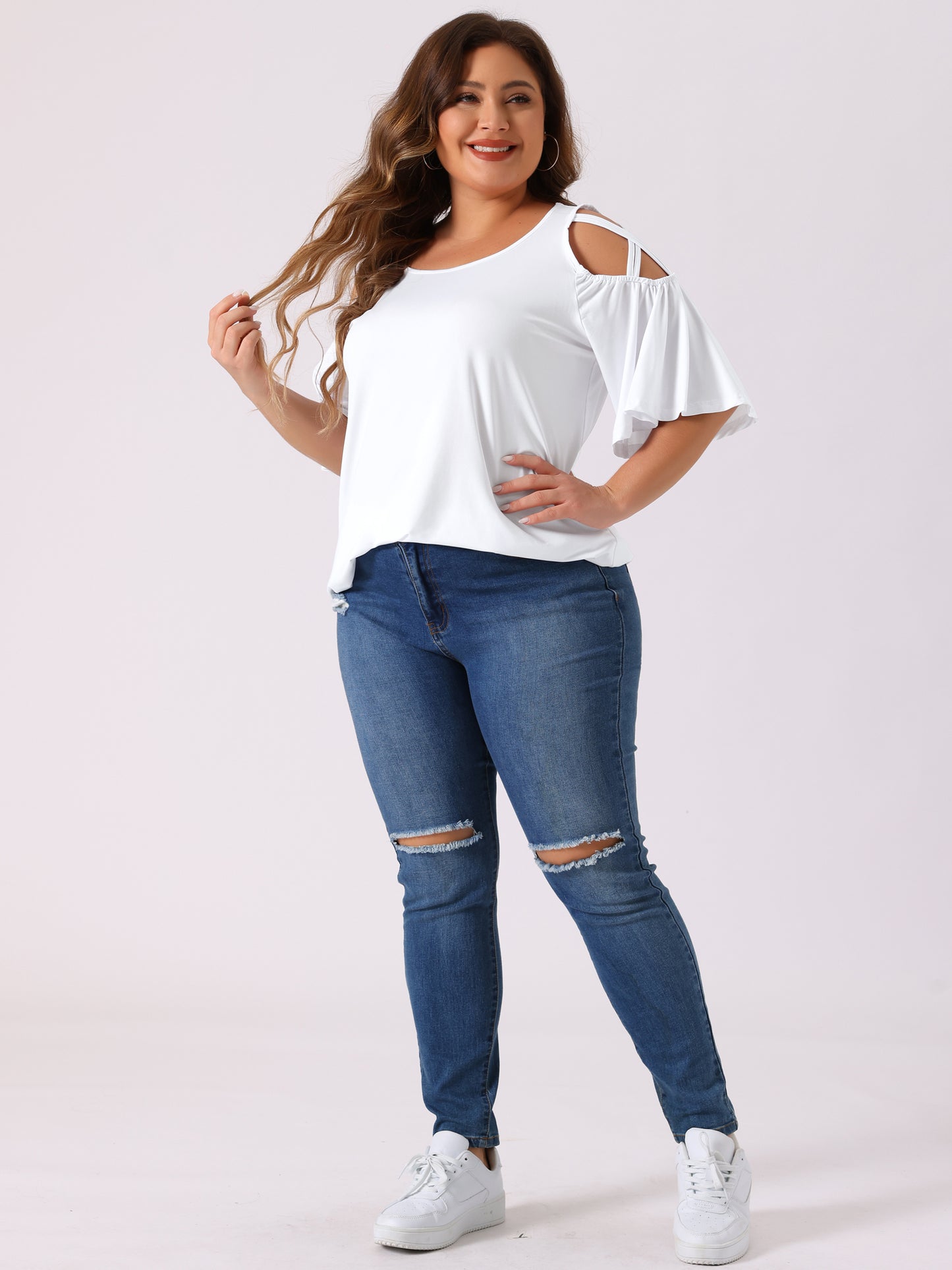 Women's Plus Size Cold Shoulder Bell Sleeve Summer Top