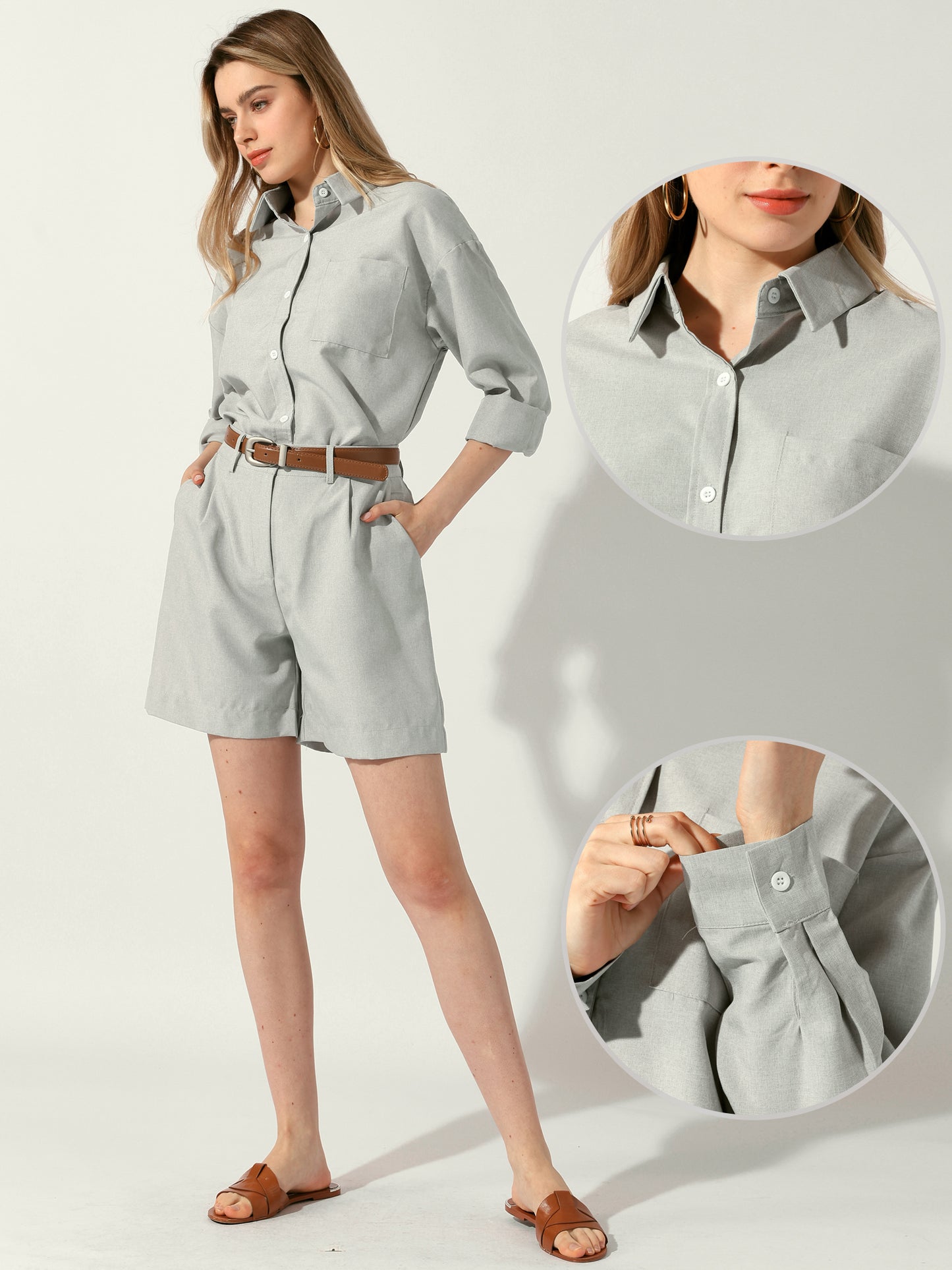 Women's 2 Piece Set Long Sleeve Button Shirt and Belted Shorts