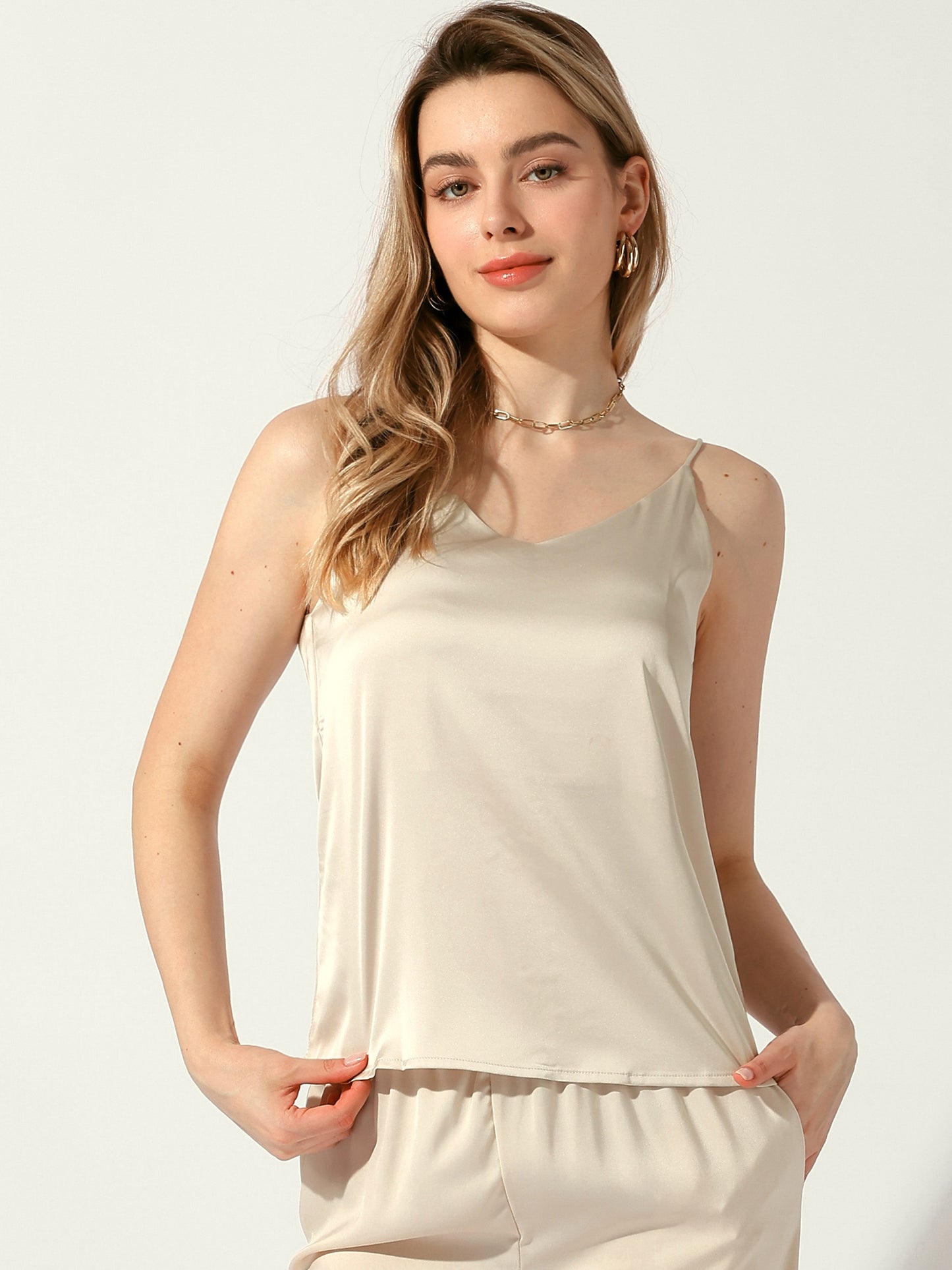 Women's Silky Satin Tank Top V Neck Camisole Spaghetti Strap Top Summer Cami