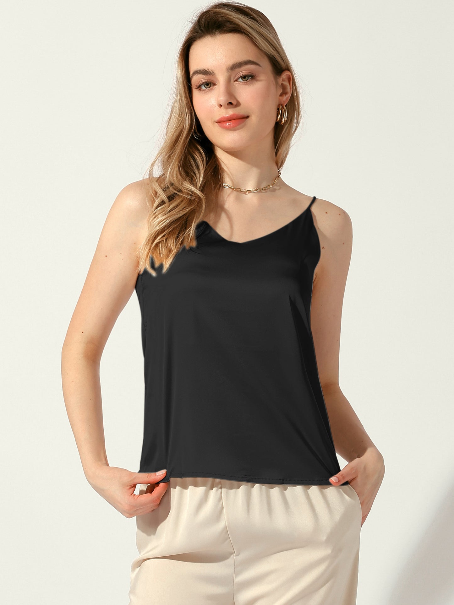 Women's Silky Satin Tank Top V Neck Camisole Spaghetti Strap Top Summer Cami