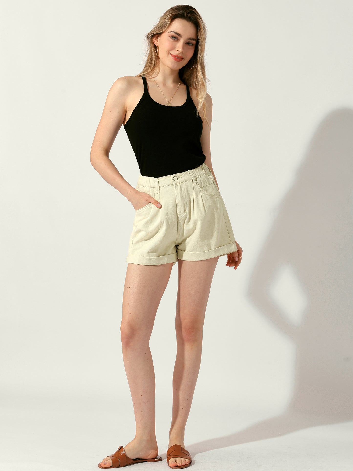 Women's High Waist Shorts with Pockets Elastic Waist Casual Summer Denim Shorts