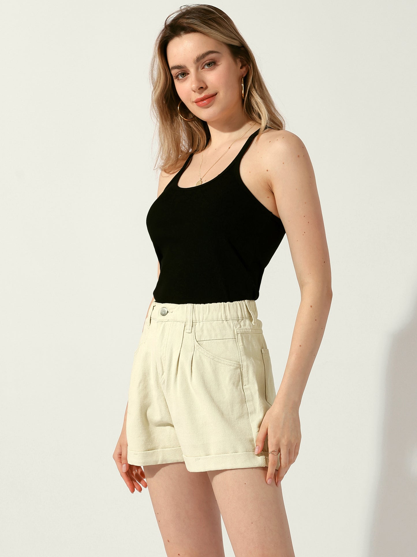 Women's High Waist Shorts with Pockets Elastic Waist Casual Summer Denim Shorts