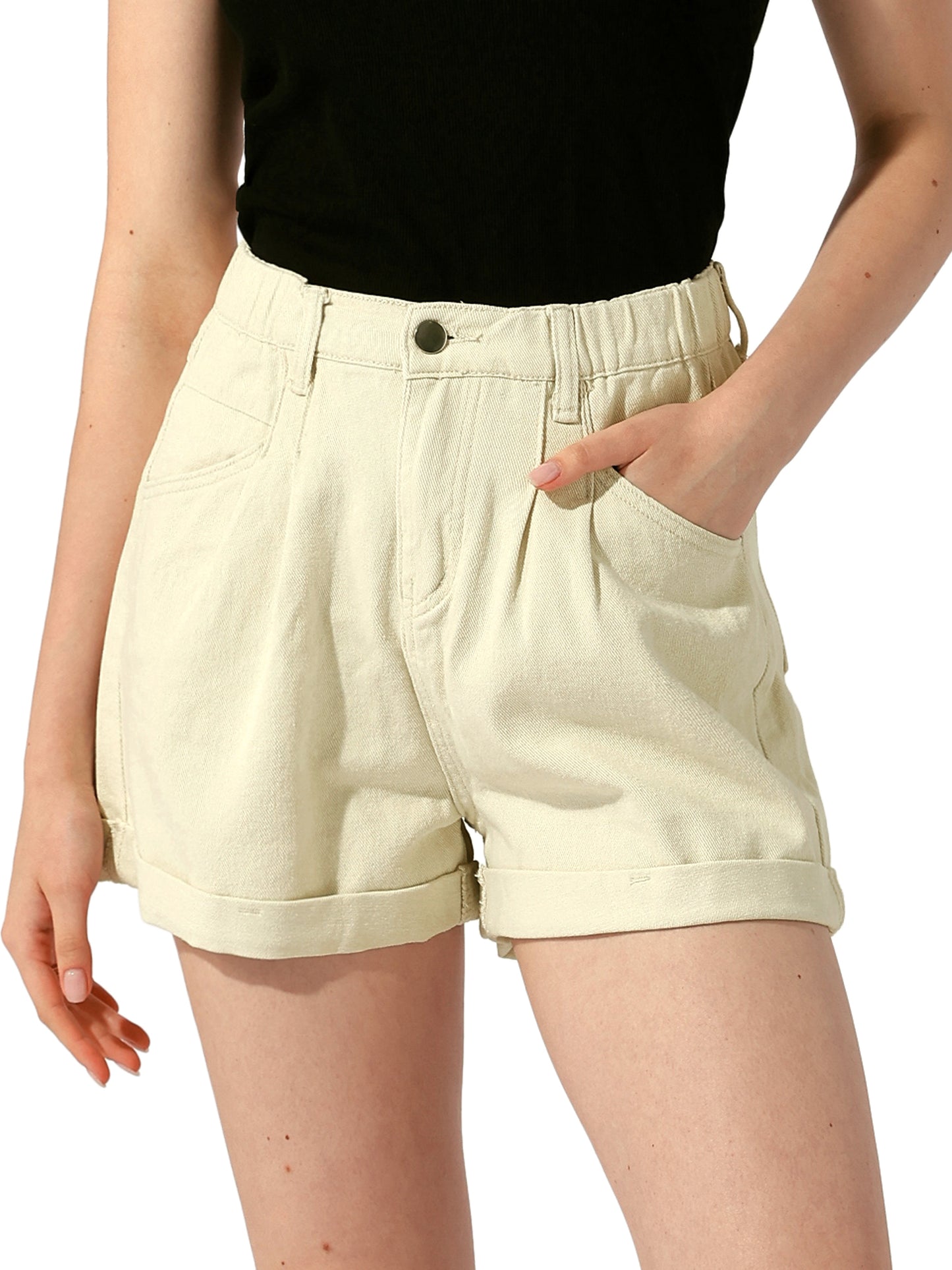 Women's High Waist Shorts with Pockets Elastic Waist Casual Summer Denim Shorts